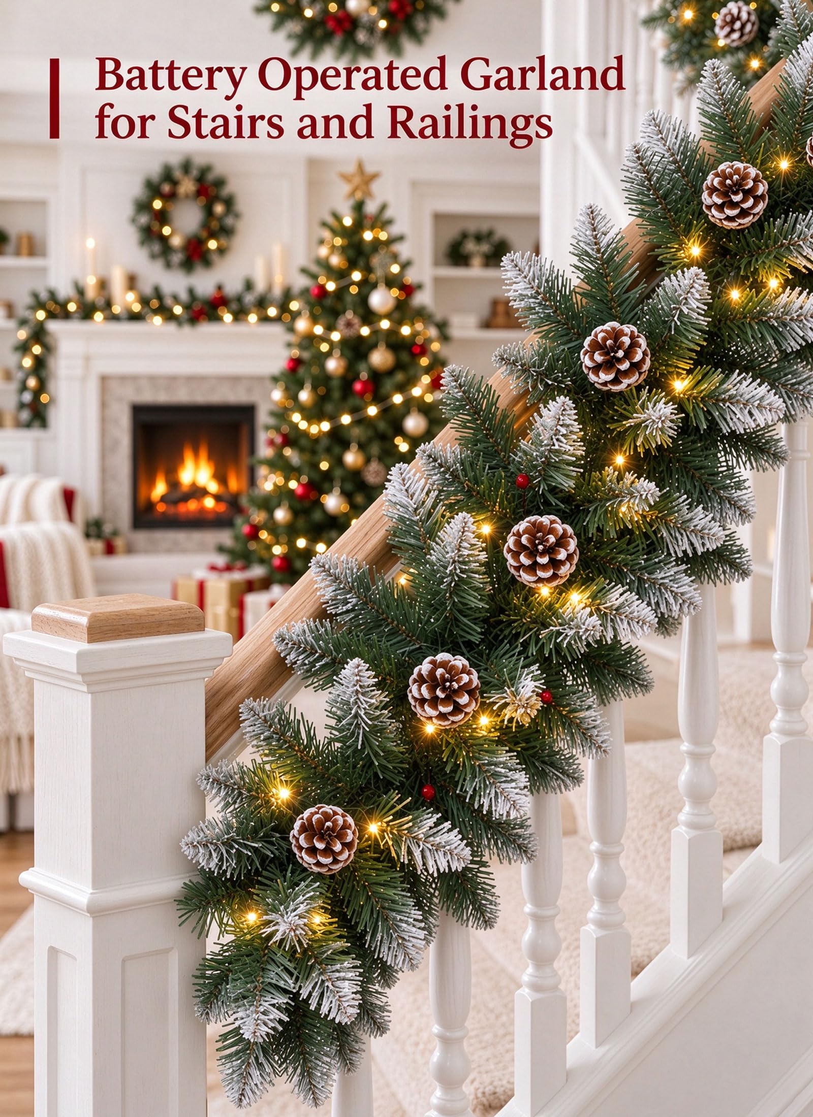 Christmas Garland with Lights, 9Ft Frosted Carolina Pine, 50 Pre-Installed LEDs, 20 Pine Cones