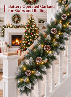 Christmas Garland with Lights, 9Ft Frosted Carolina Pine, 50 Pre-Installed LEDs, 20 Pine Cones