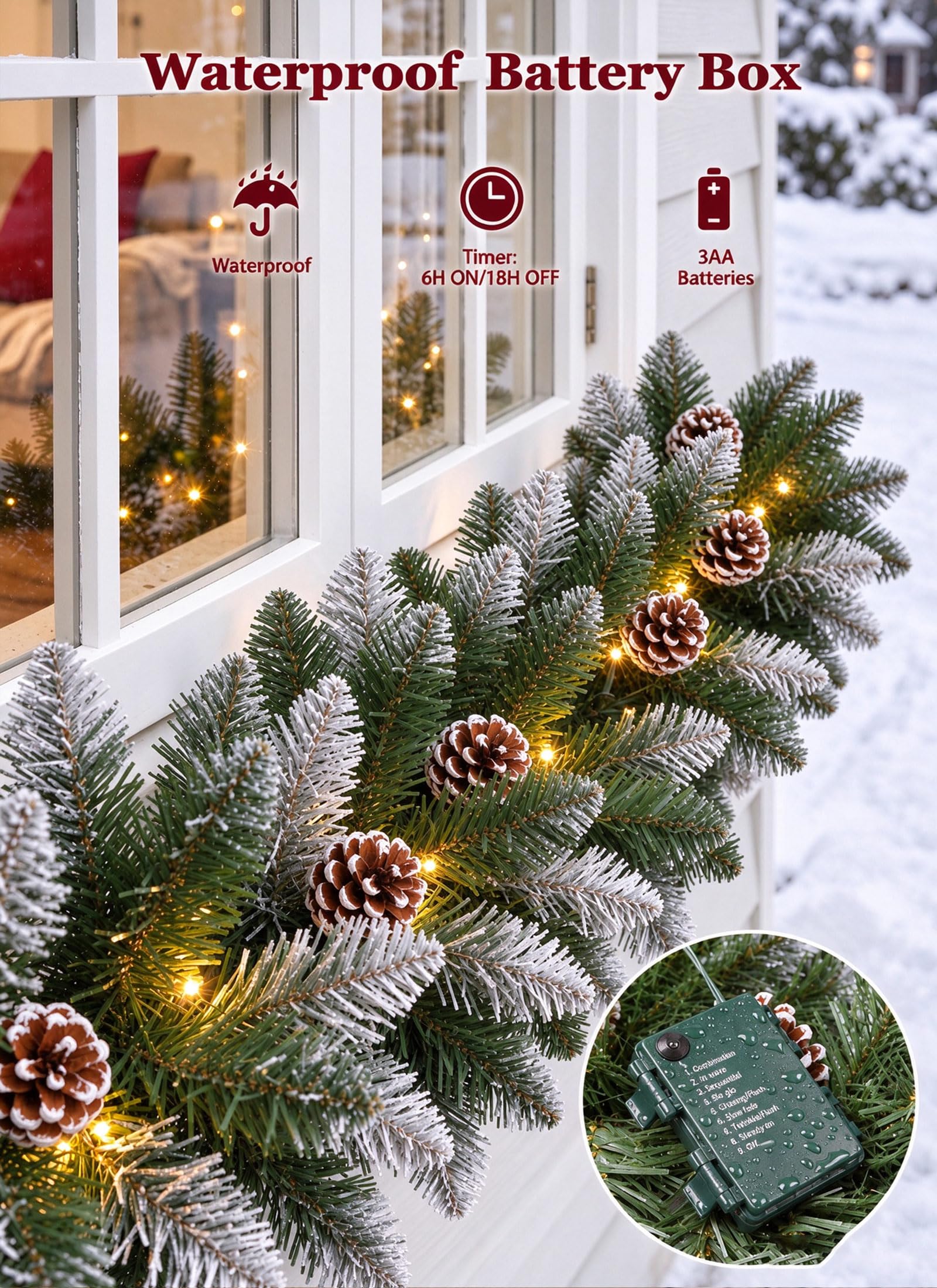 Christmas Garland with Lights, 9Ft Frosted Carolina Pine, 50 Pre-Installed LEDs, 20 Pine Cones
