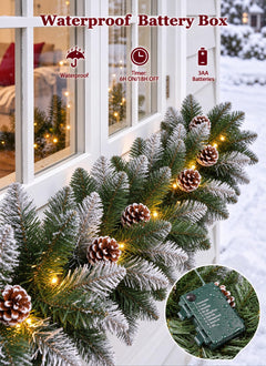Christmas Garland with Lights, 9Ft Frosted Carolina Pine, 50 Pre-Installed LEDs, 20 Pine Cones