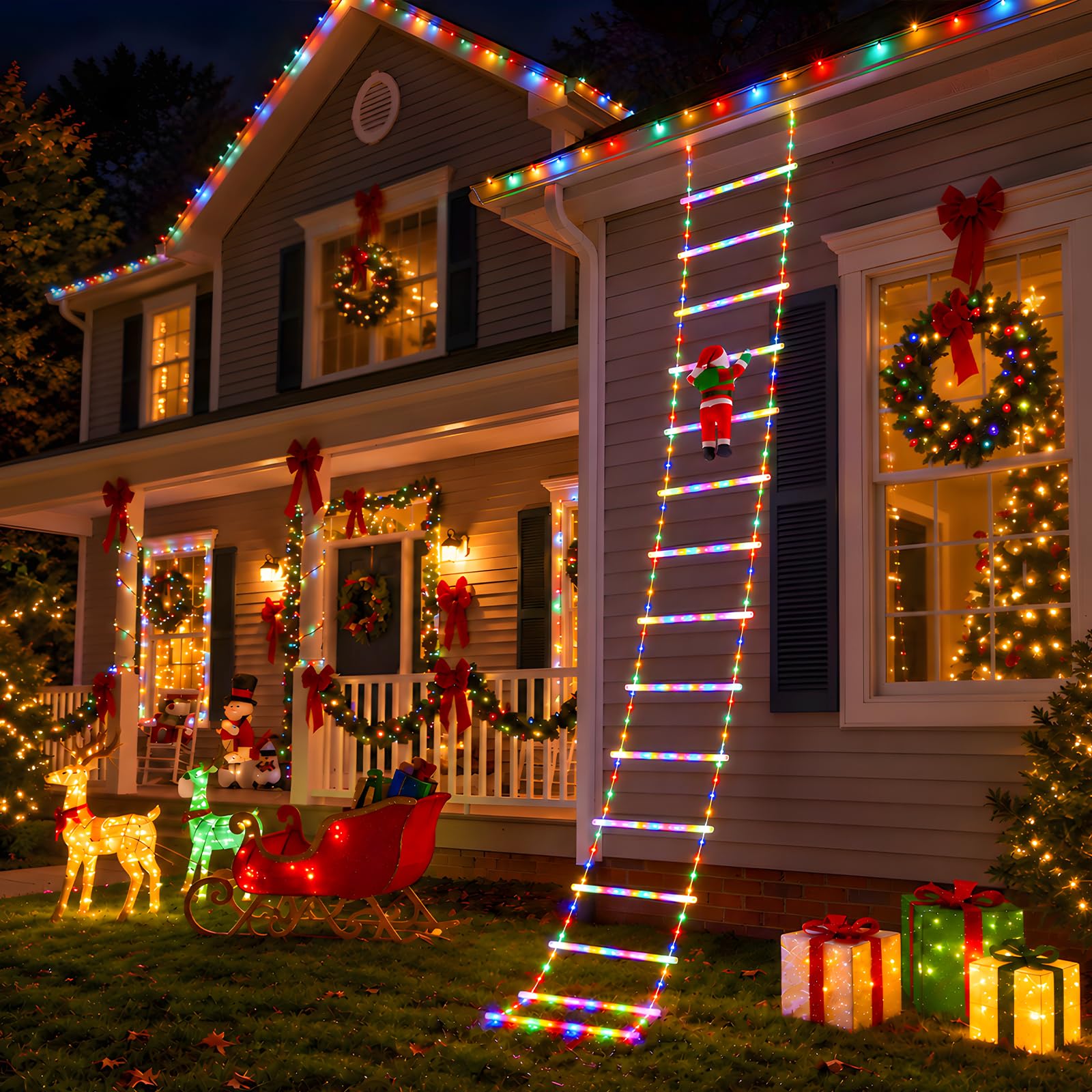 10ft LED Ladder Lights with Climbing Santa, Multicolor, 8 Modes, Waterproof Indoor Outdoor