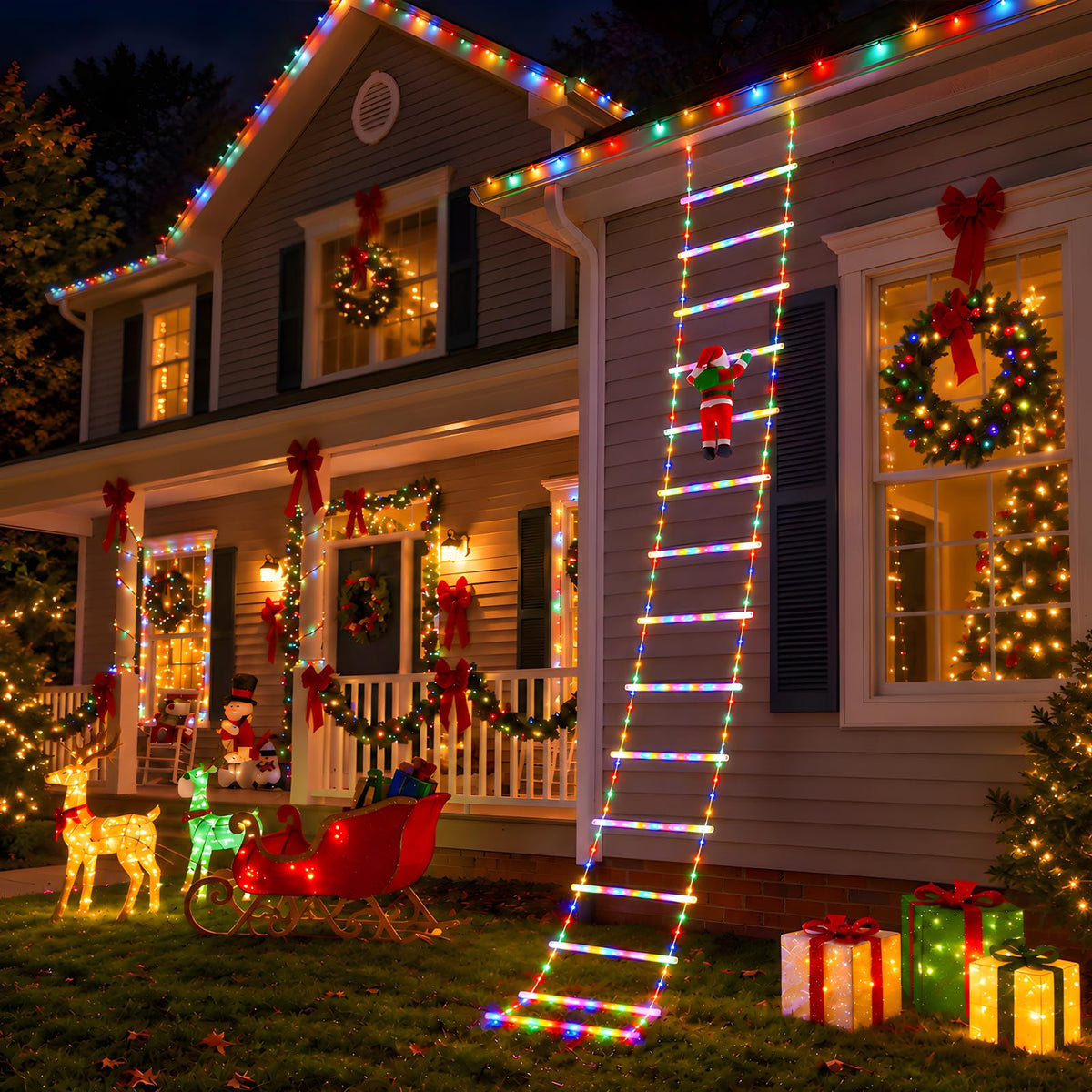 10ft LED Ladder Lights with Climbing Santa, Multicolor, 8 Modes, Waterproof Indoor Outdoor