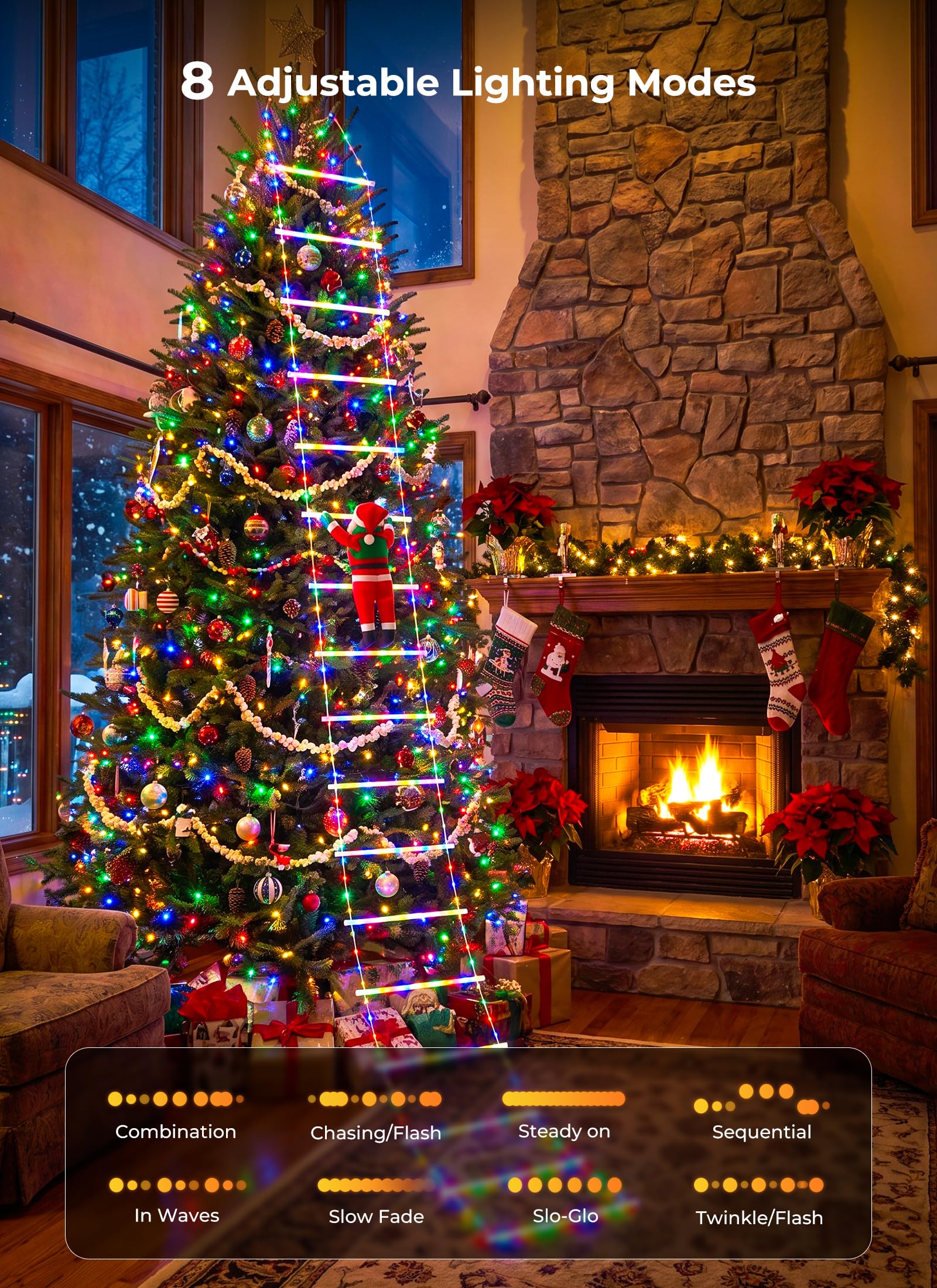 10ft LED Ladder Lights with Climbing Santa, Multicolor, 8 Modes, Waterproof Indoor Outdoor