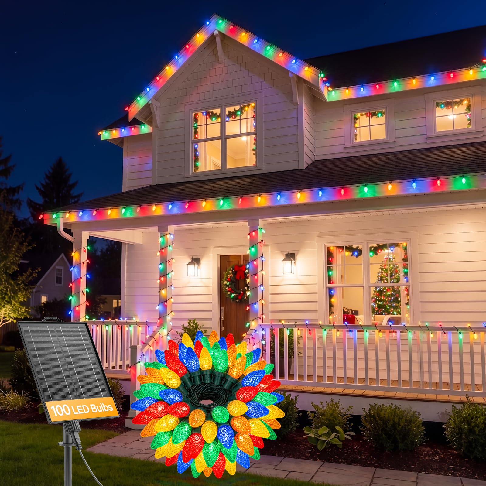 72ft 100 LED C9 Strawberry Solar Christmas String Lights Outdoor, Multicolor, Timer & 8 Modes