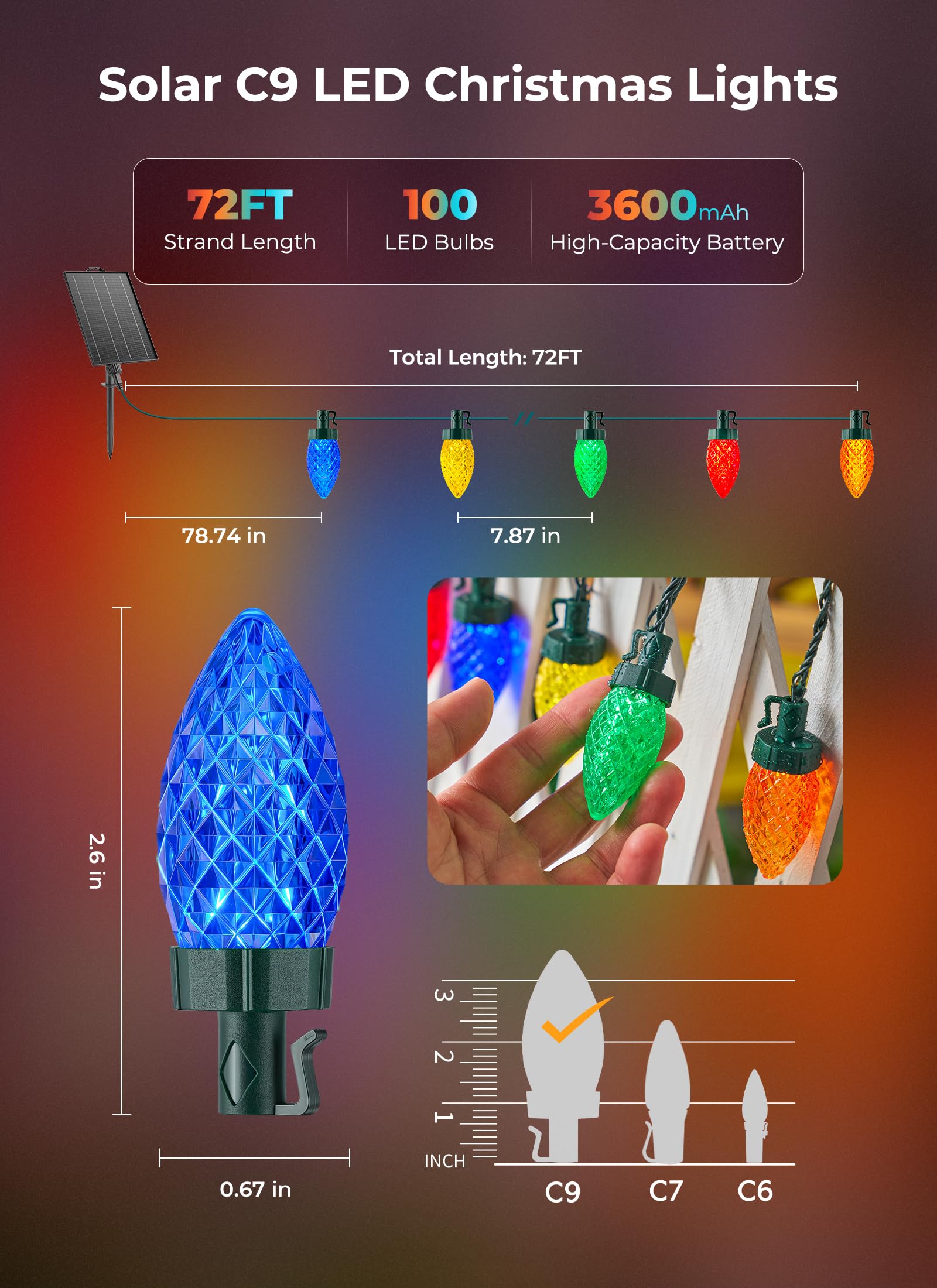 72ft 100 LED C9 Strawberry Solar Christmas String Lights Outdoor, Multicolor, Timer & 8 Modes