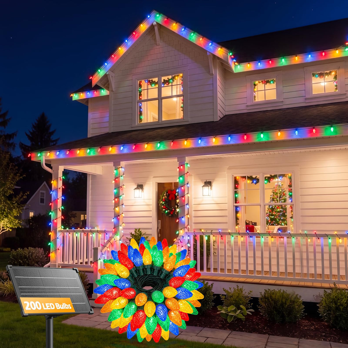 138ft 200LED C9 Strawberry Solar Christmas String Lights Outdoor, Multicolor, Timer & 8 Modes