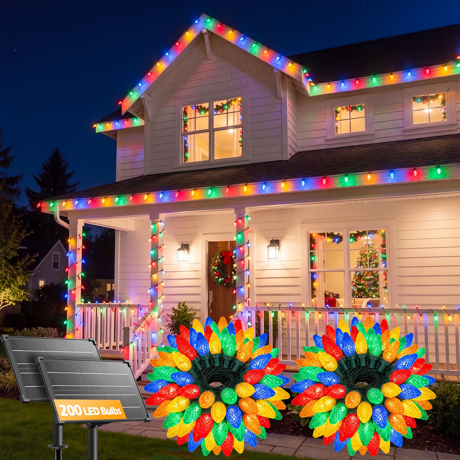 2 Pack 276FT 400 LED C9 Strawberry Solar Christmas Lights Outdoor, Multicolor, Timer & 8 Modes