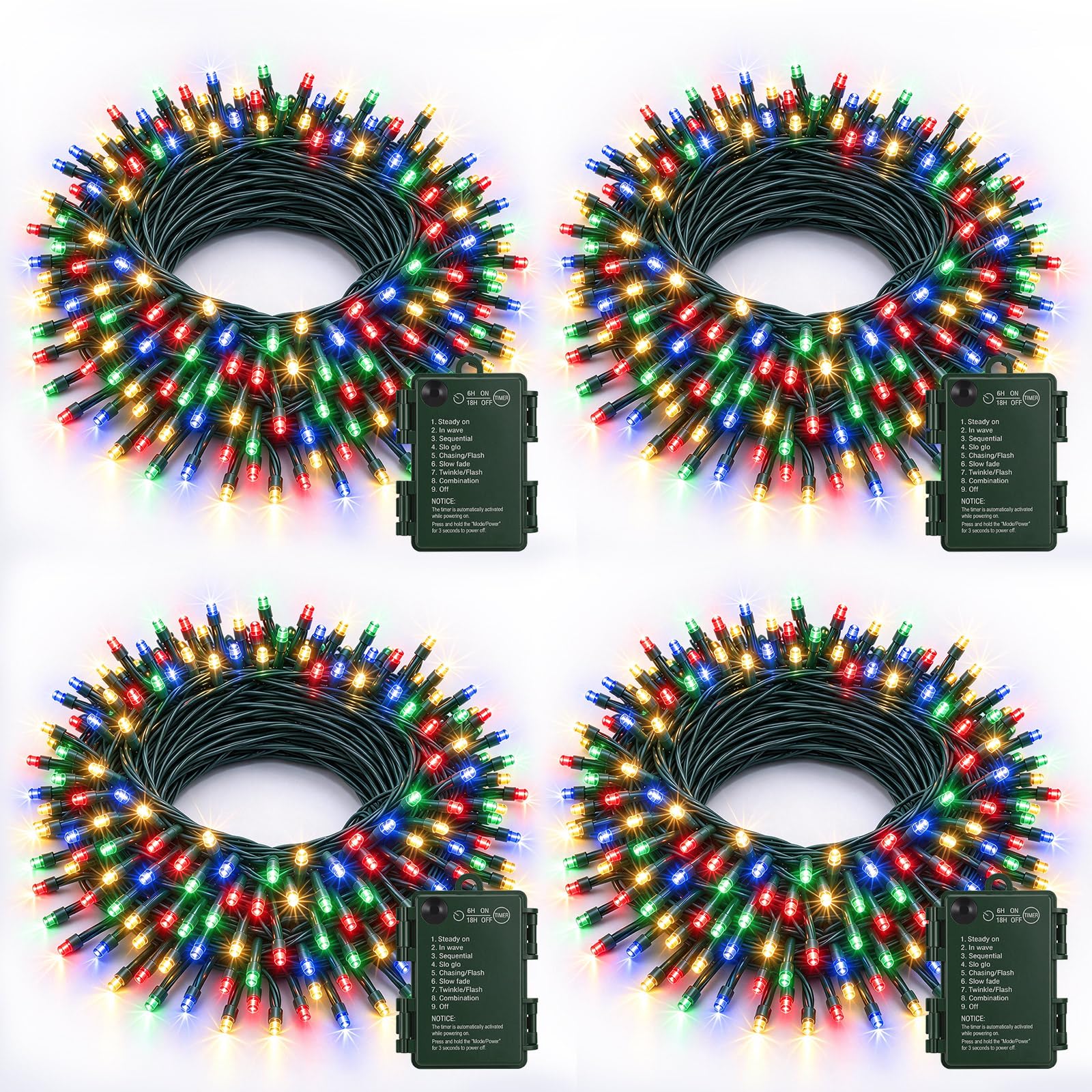 4 Pack Battery Christmas Lights, 200 LEDs 66FT Multicolor, 8 Modes Timer