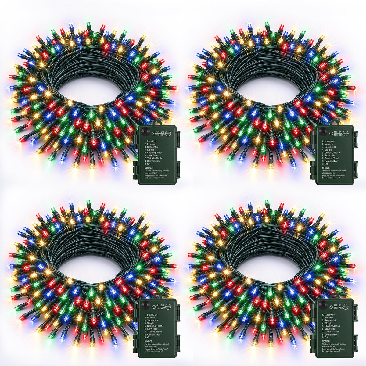 4 Pack Battery Christmas Lights, 200 LEDs 66FT Multicolor, 8 Modes Timer