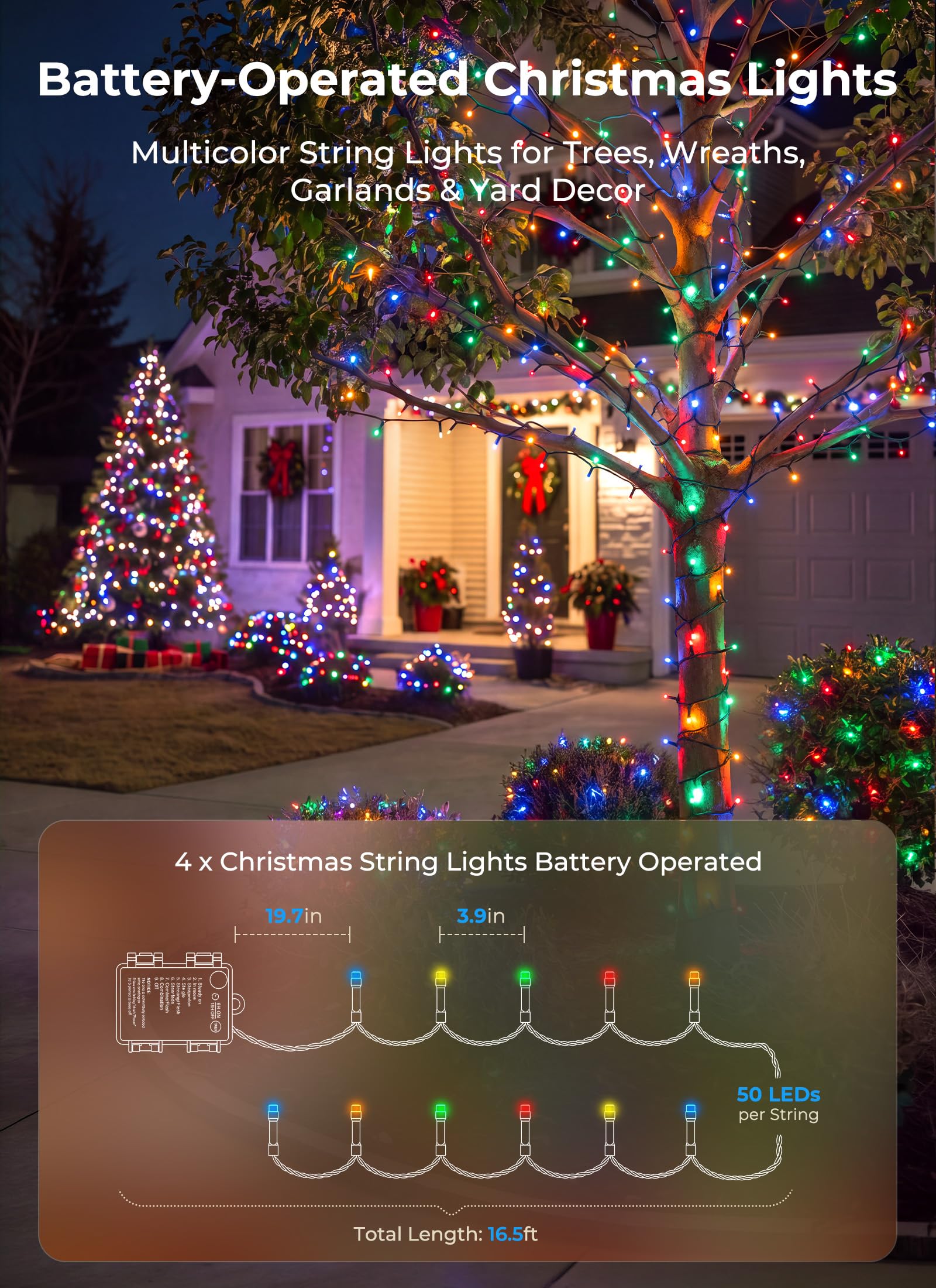 4 Pack Battery Christmas Lights, 200 LEDs 66FT Multicolor, 8 Modes Timer