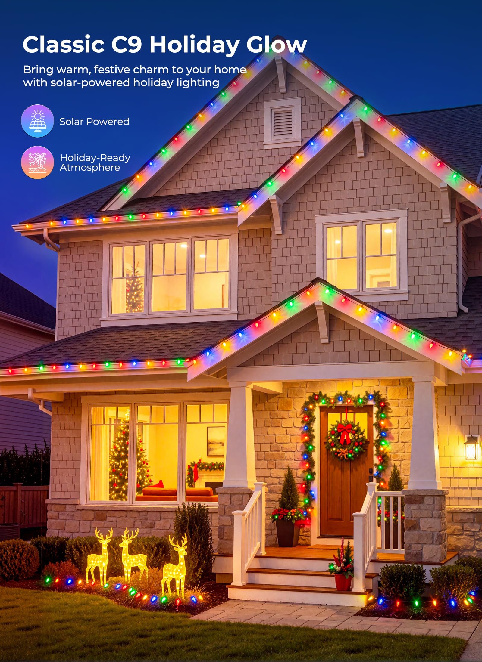 Brightown 2 Pack C9 Solar Xmas Lights,78.7FT 100 LEDs,Multicolor,8 Modes