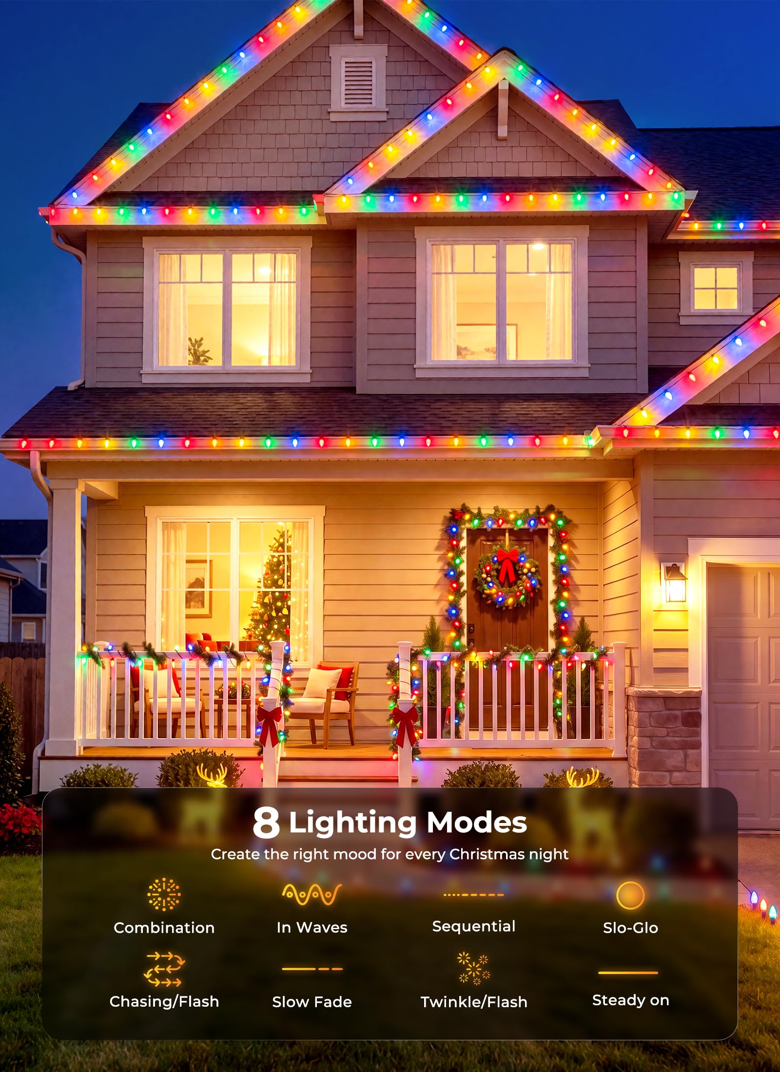 Brightown 2 Pack C9 Solar Xmas Lights,78.7FT 100 LEDs,Multicolor,8 Modes