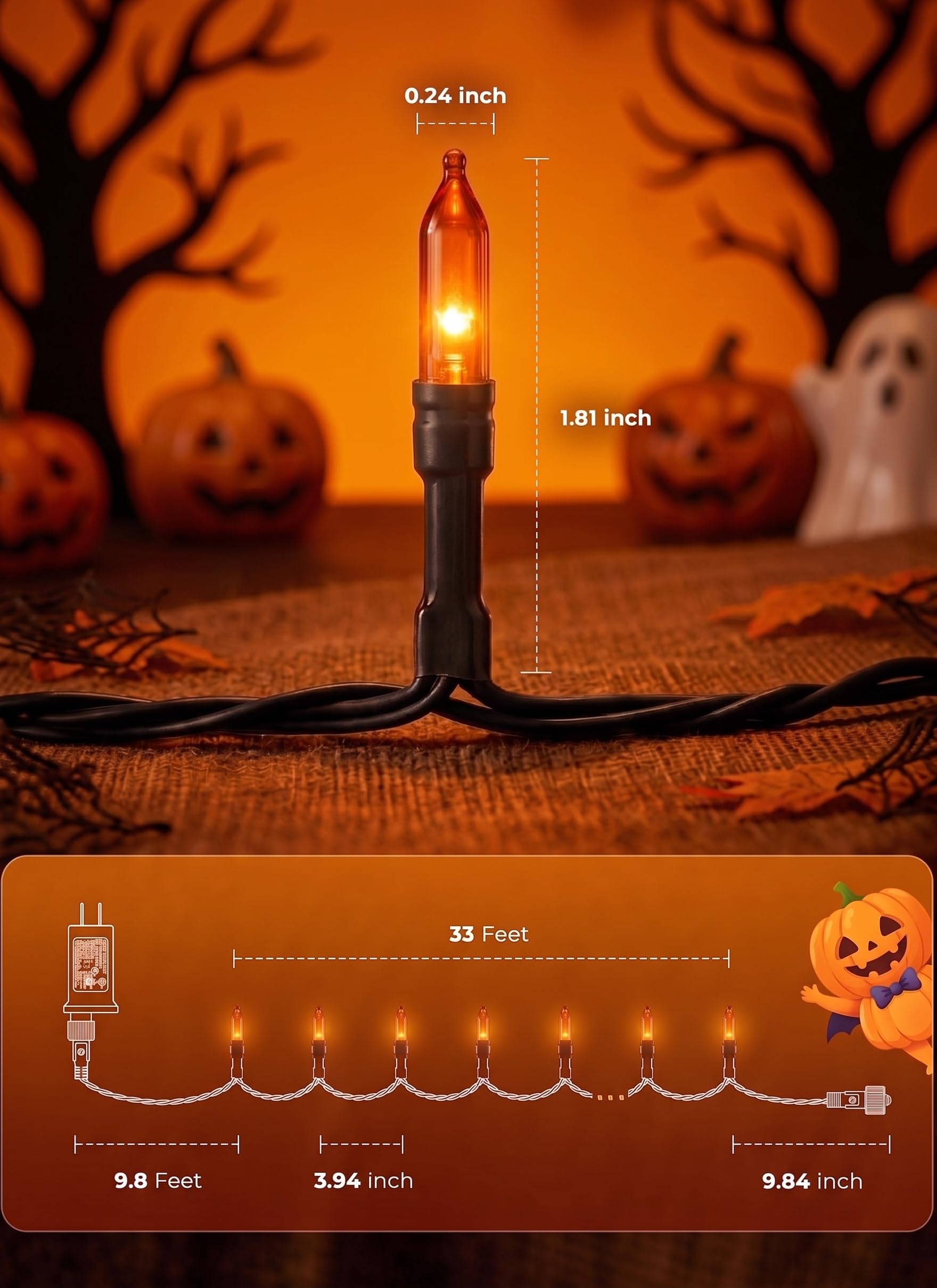 Orange LED Outdoor Halloween Lights, Halloween Decorations, 39 FT 100 LED Mini Lights with 8 Lighting Modes,Connectable String Light Plug in for Garden Patio Party Haunted House Ghost Holiday Decor
