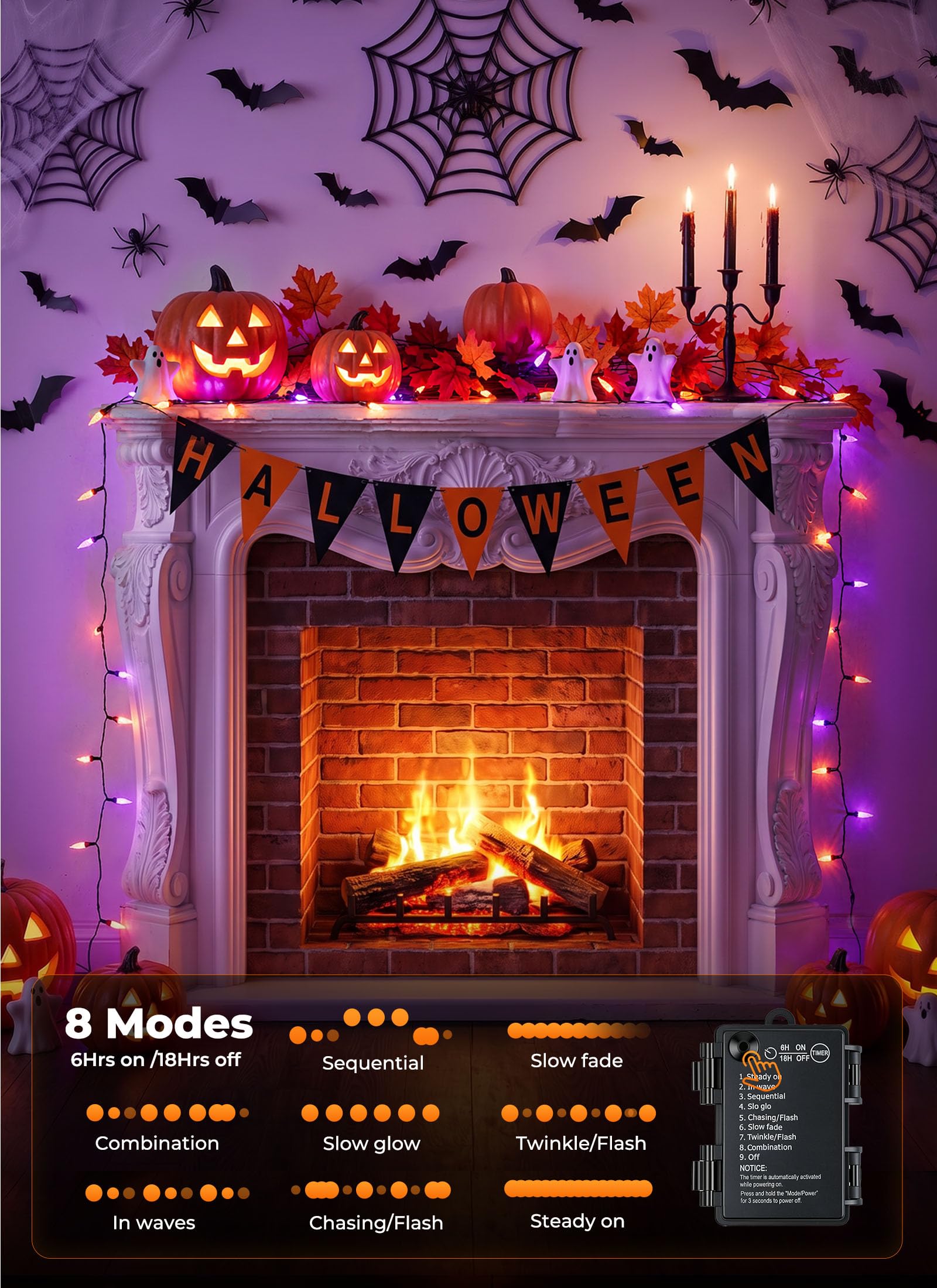 Brightown 2 Pack Halloween Lights Battery Operated, Diamond-Faceted 100LED