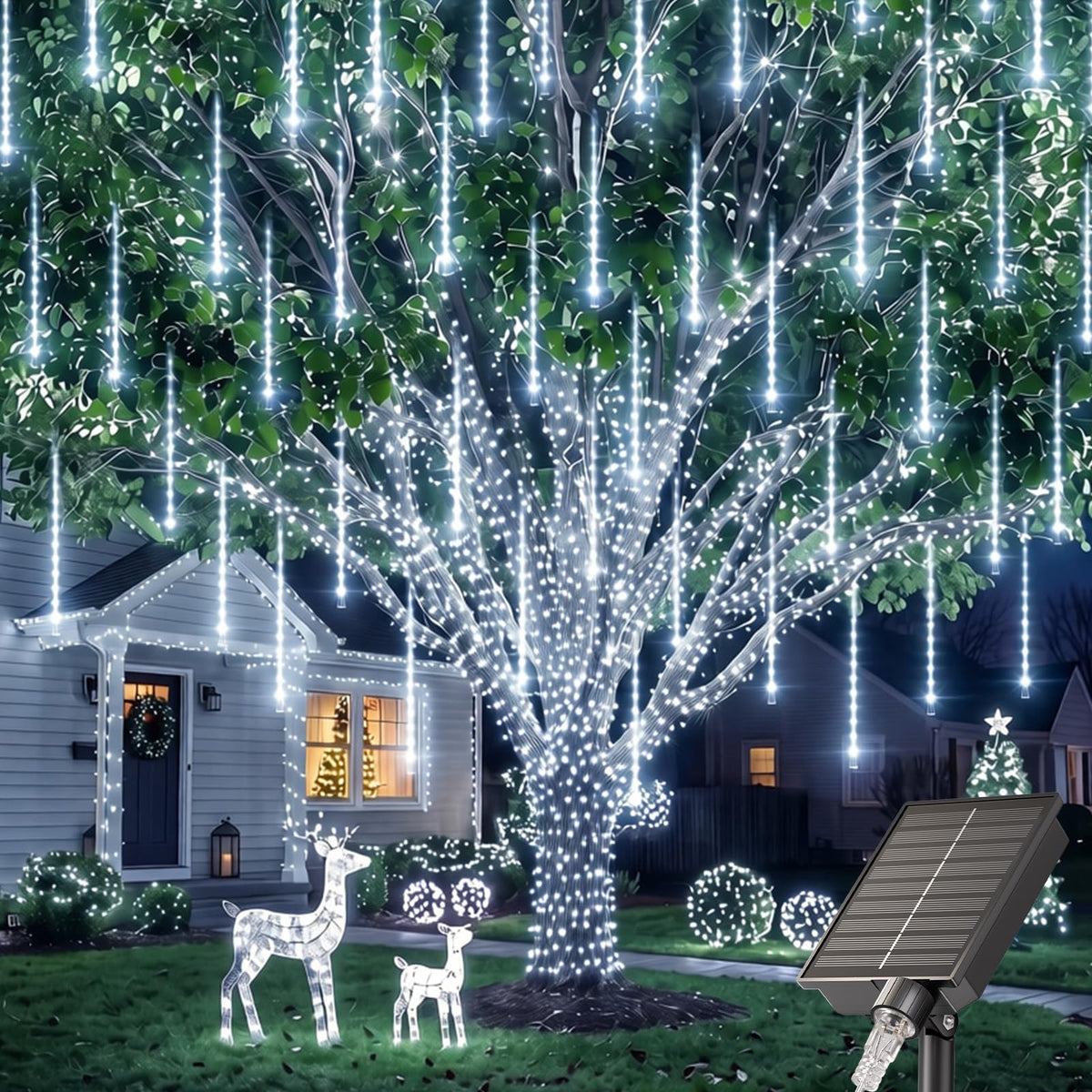 16 Tubes 384 LED Solar Meteor Shower String Lights Outdoor, Pure White, IP65 Waterproof