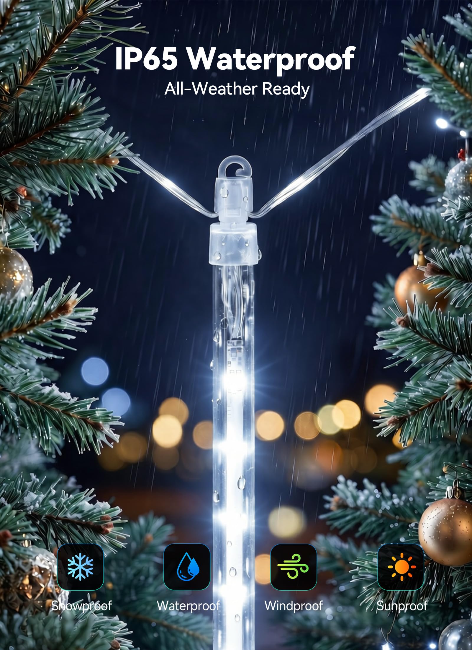 16 Tubes 384 LED Solar Meteor Shower String Lights Outdoor, Pure White, IP65 Waterproof