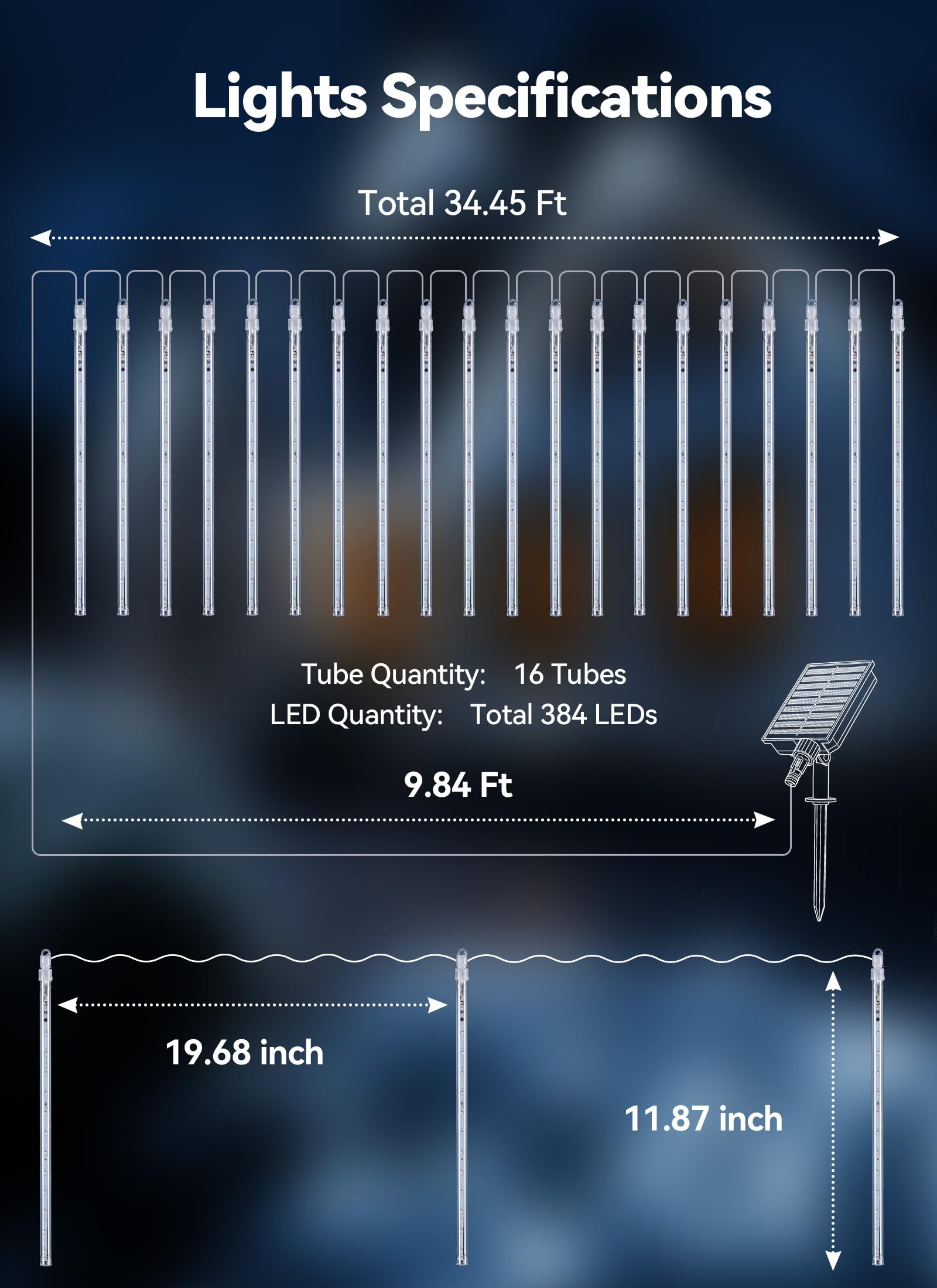 16 Tubes 384 LED Solar Meteor Shower String Lights Outdoor, Pure White, IP65 Waterproof