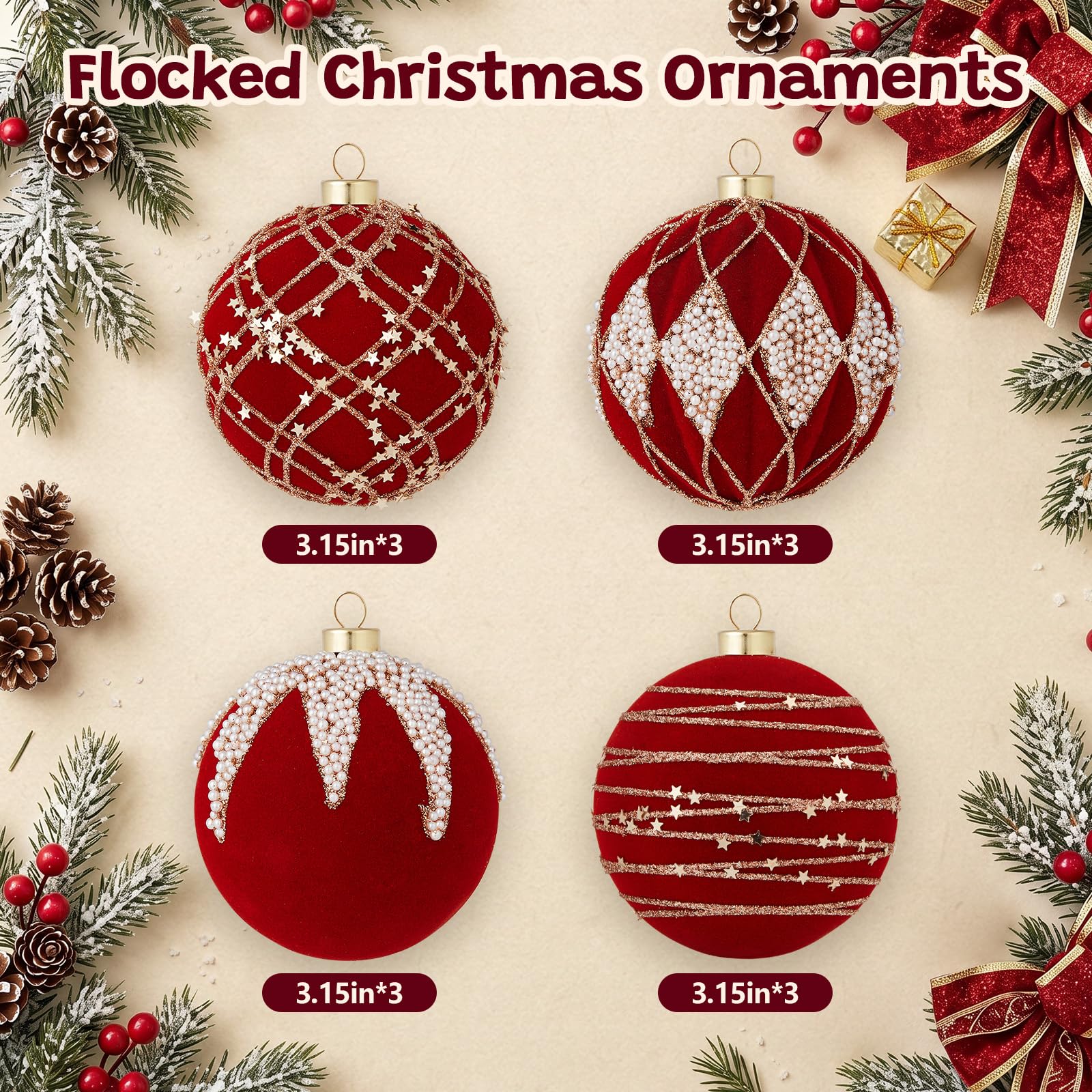 Brightown 12 PCS Red Velvet Christmas Valentines Balls, 3.15 Inch