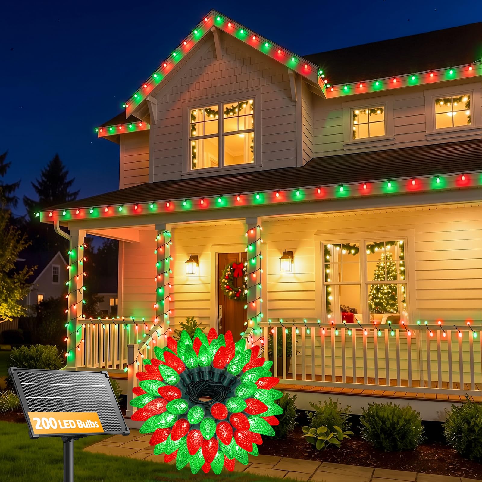 138ft 200 LED C9 Strawberry Solar Christmas Lights Outdoor, Red & Green, Timer & 8 Modes