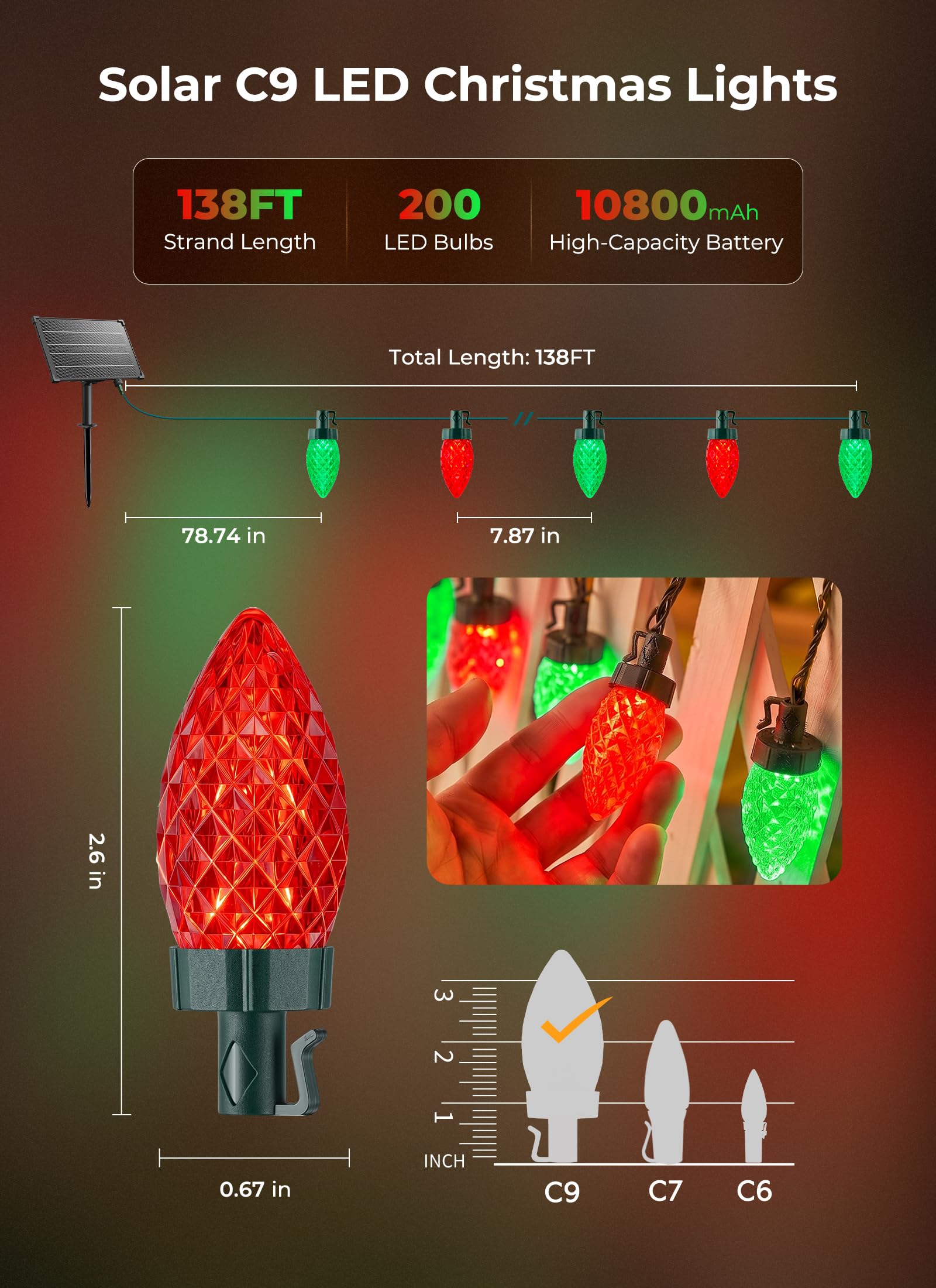 138ft 200 LED C9 Strawberry Solar Christmas Lights Outdoor, Red & Green, Timer & 8 Modes