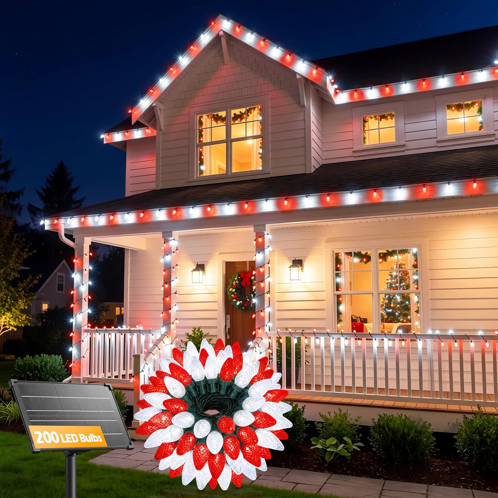 138ft 200 LED C9 Strawberry Solar Christmas Lights Outdoor, Red & White, Timer & 8 Modes