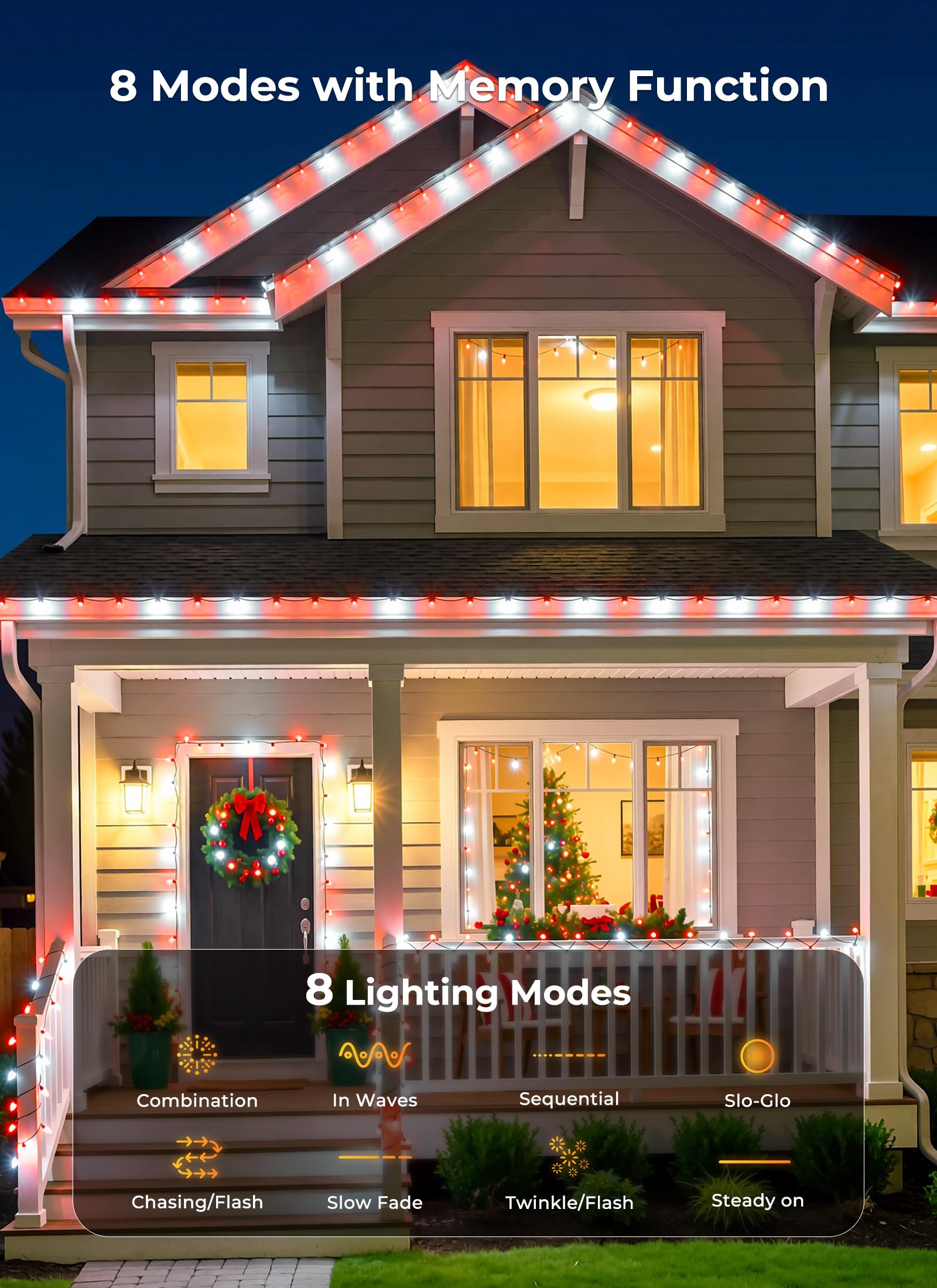 138ft 200 LED C9 Strawberry Solar Christmas Lights Outdoor, Red & White, Timer & 8 Modes