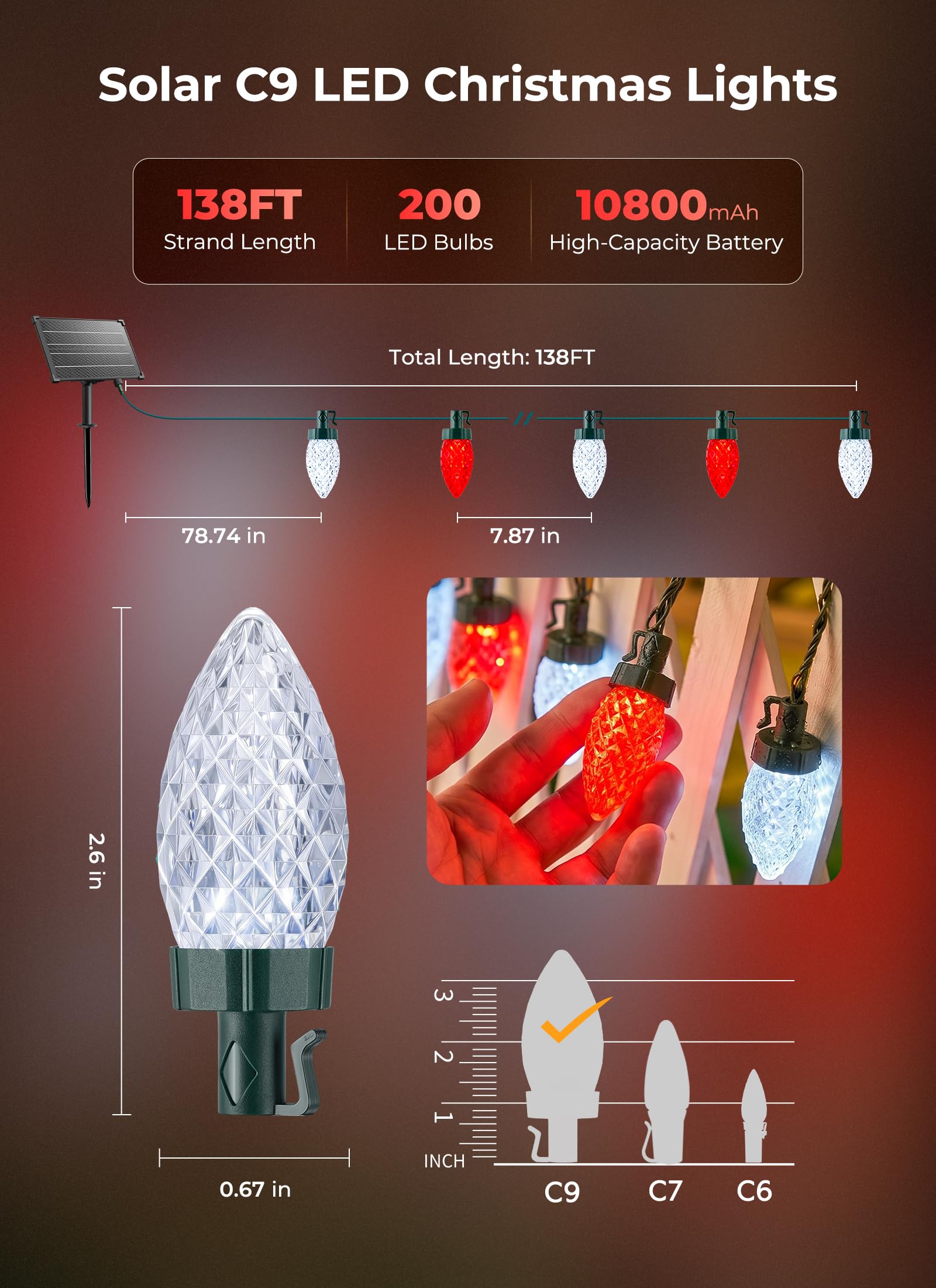 138ft 200 LED C9 Strawberry Solar Christmas Lights Outdoor, Red & White, Timer & 8 Modes