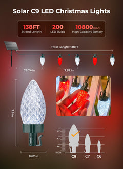 138ft 200 LED C9 Strawberry Solar Christmas Lights Outdoor, Red & White, Timer & 8 Modes