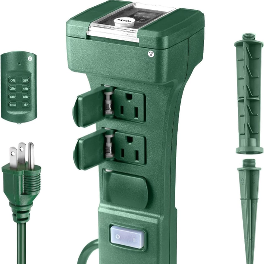 Outdoor Power Stake Timer - 6 Outlets, Remote Control