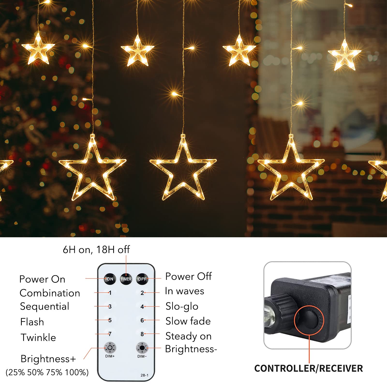 9ft 138 LED Star Curtain Lights, Plug-in, 12 Star Drops, Remote & 8 Modes, Warm White