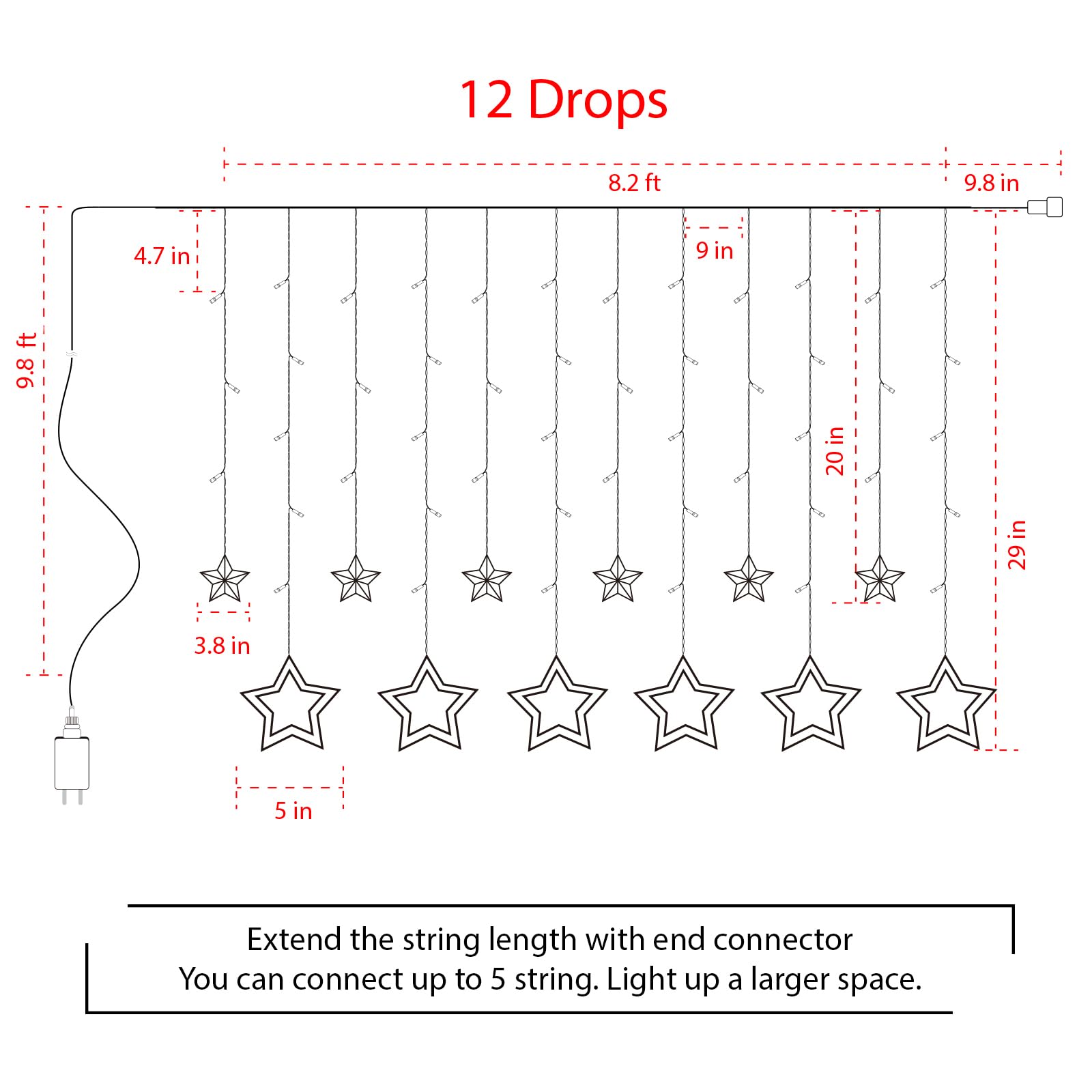9ft 138 LED Star Curtain Lights, Plug-in, 12 Star Drops, Remote & 8 Modes, Warm White