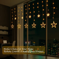 9ft 138 LED Star Curtain Lights, Plug-in, 12 Star Drops, Remote & 8 Modes, Warm White