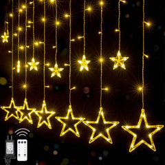 9ft 138 LED Star Curtain Lights, Plug-in, 12 Star Drops, Remote & 8 Modes, Warm White