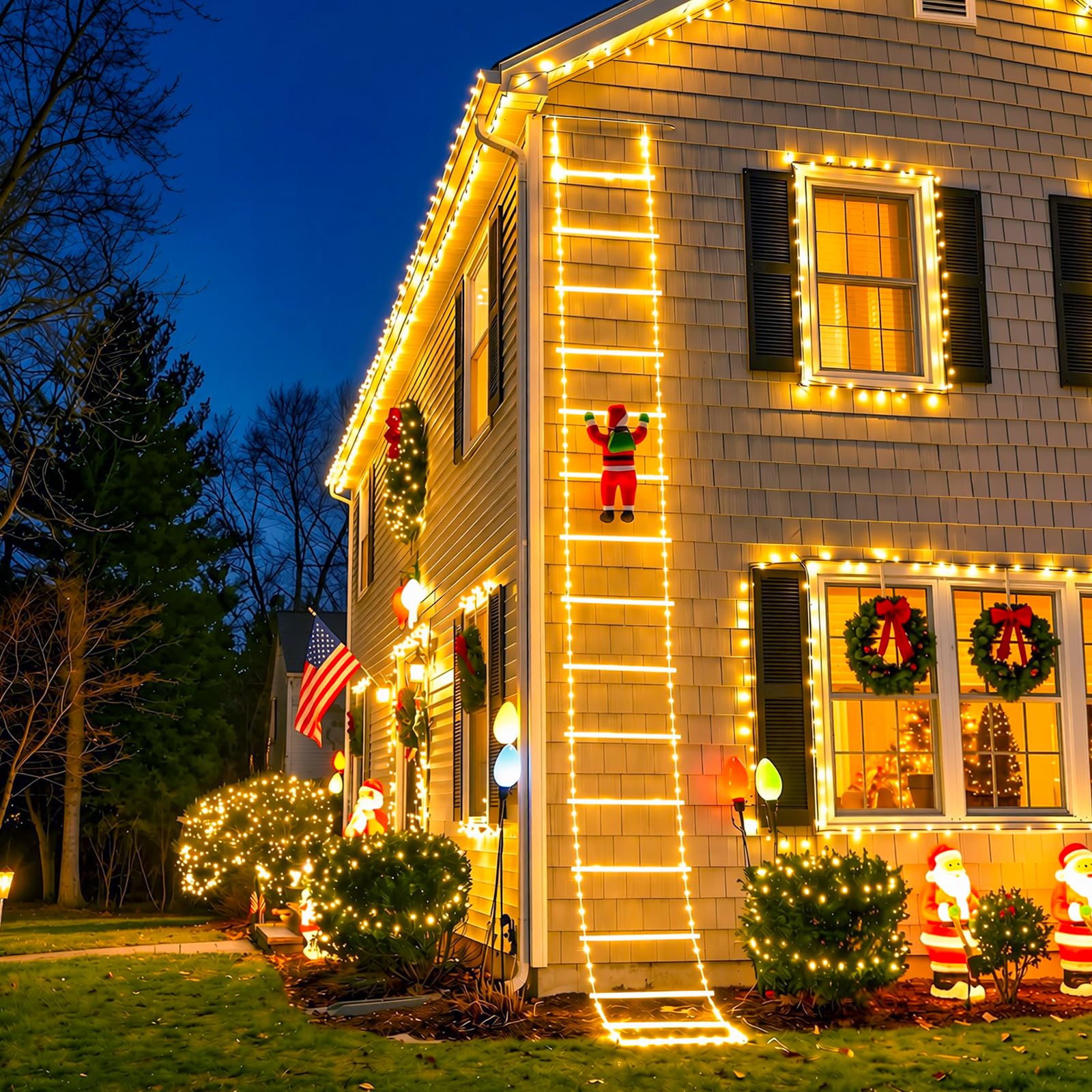 10ft LED Ladder Lights with Climbing Santa, Warm White, Timer & 8 Modes, Waterproof