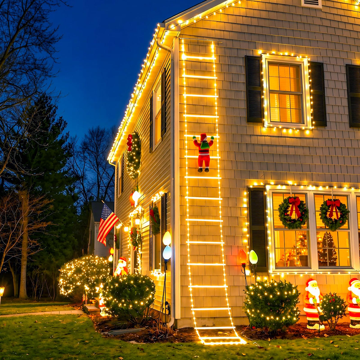 10ft LED Ladder Lights with Climbing Santa, Warm White, Timer & 8 Modes, Waterproof