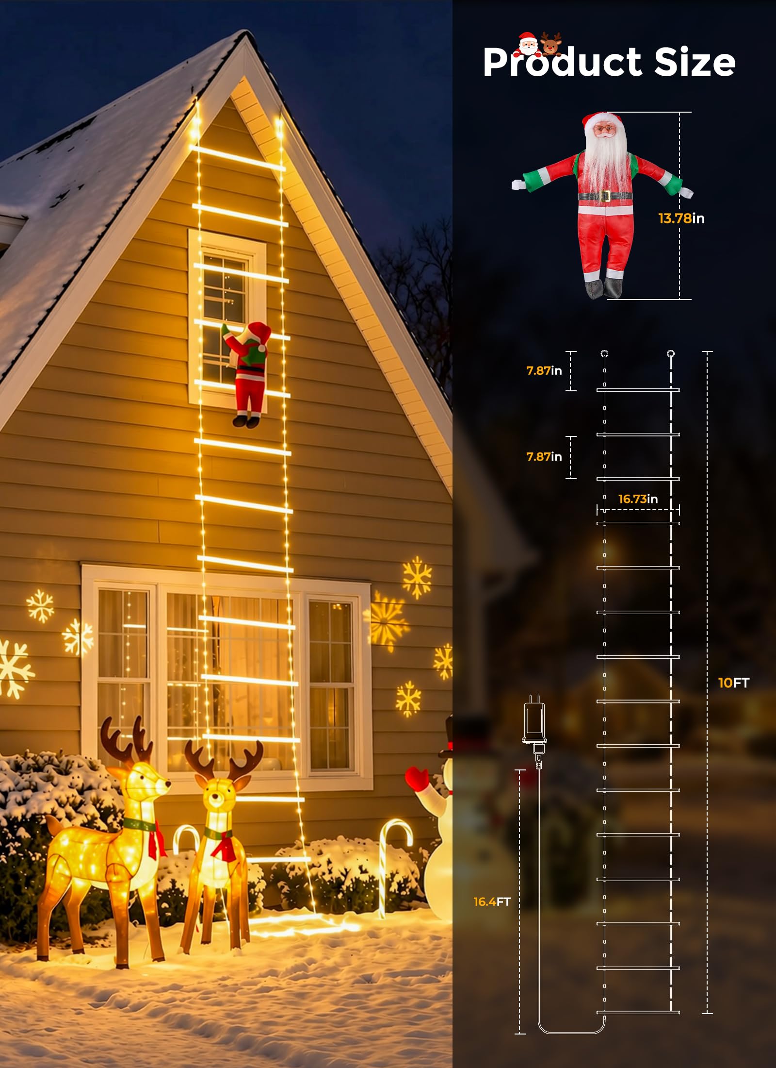 10ft LED Ladder Lights with Climbing Santa, Warm White, Timer & 8 Modes, Waterproof