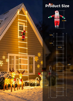 10ft LED Ladder Lights with Climbing Santa, Warm White, Timer & 8 Modes, Waterproof