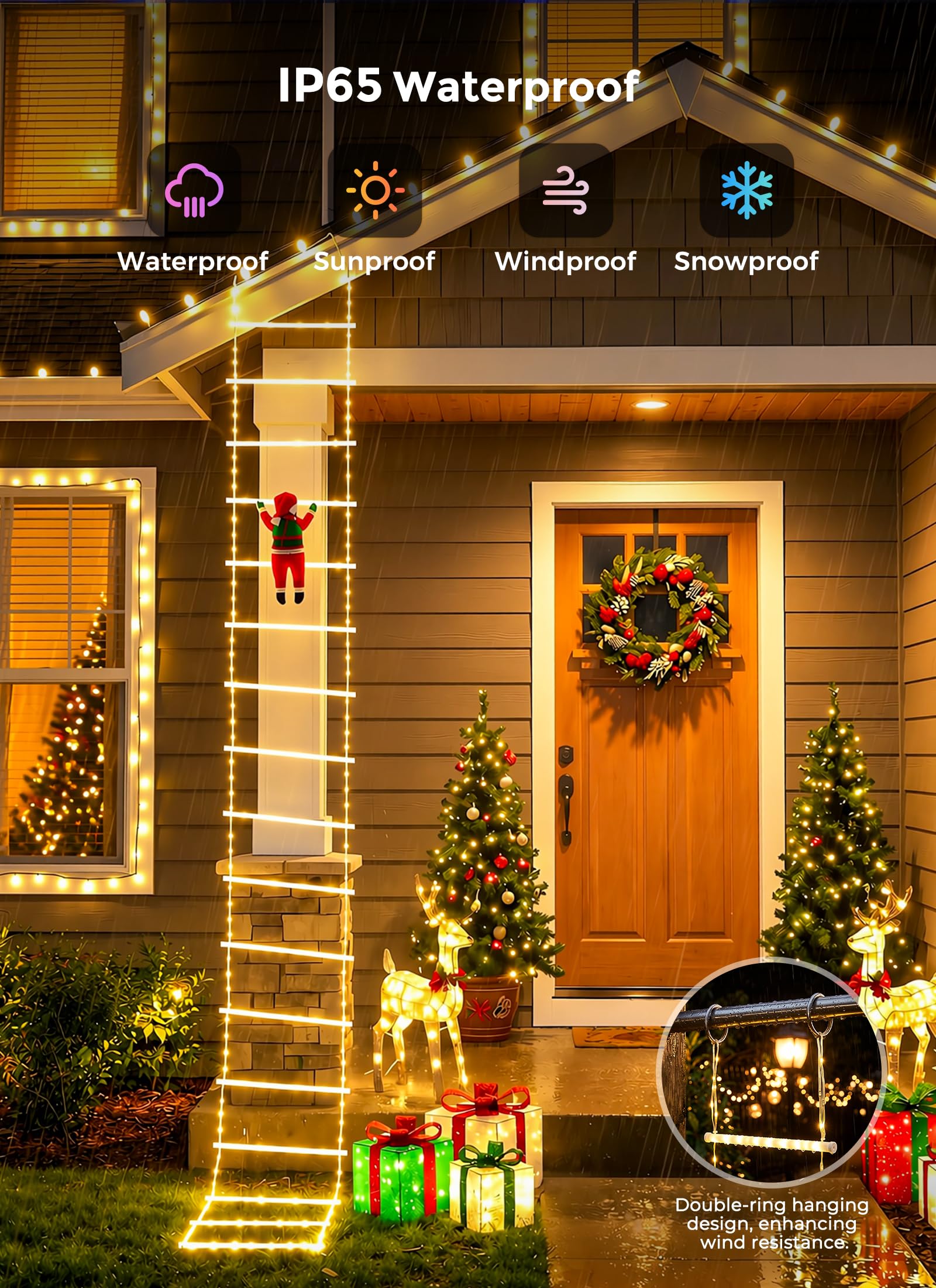 10ft LED Ladder Lights with Climbing Santa, Warm White, Timer & 8 Modes, Waterproof