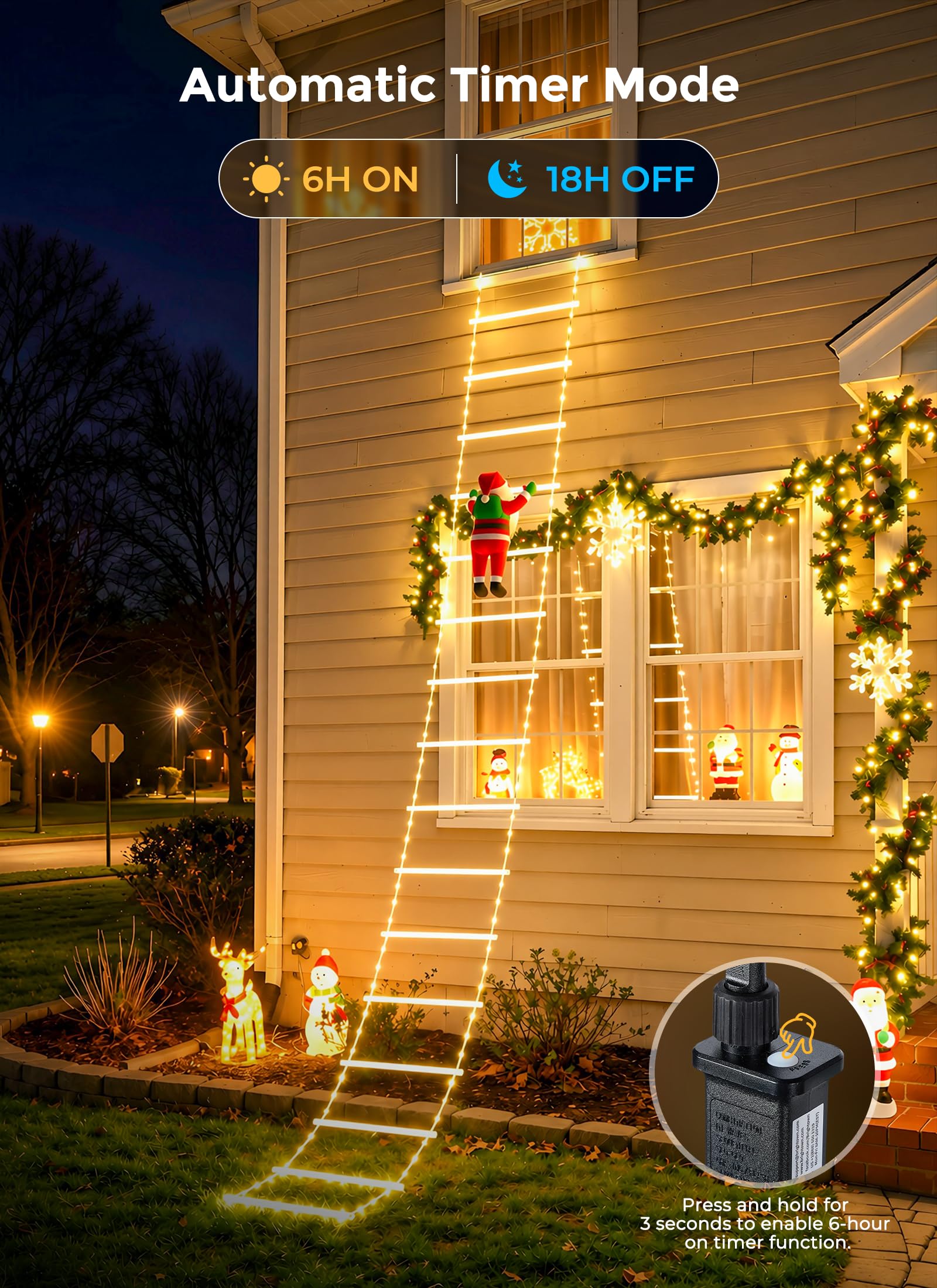 10ft LED Ladder Lights with Climbing Santa, Warm White, Timer & 8 Modes, Waterproof