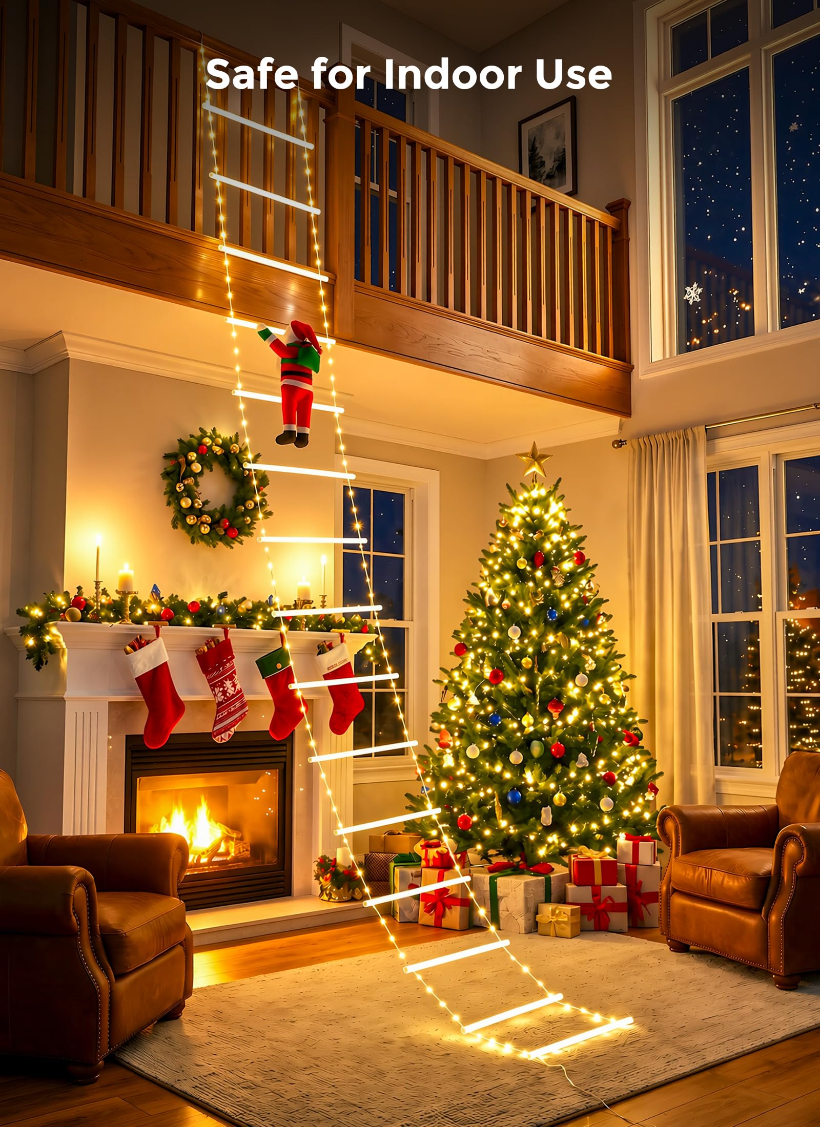 10ft LED Ladder Lights with Climbing Santa, Warm White, Timer & 8 Modes, Waterproof