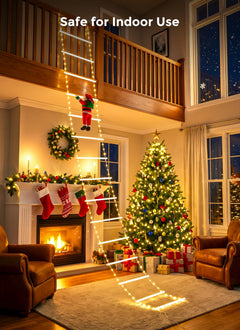 10ft LED Ladder Lights with Climbing Santa, Warm White, Timer & 8 Modes, Waterproof