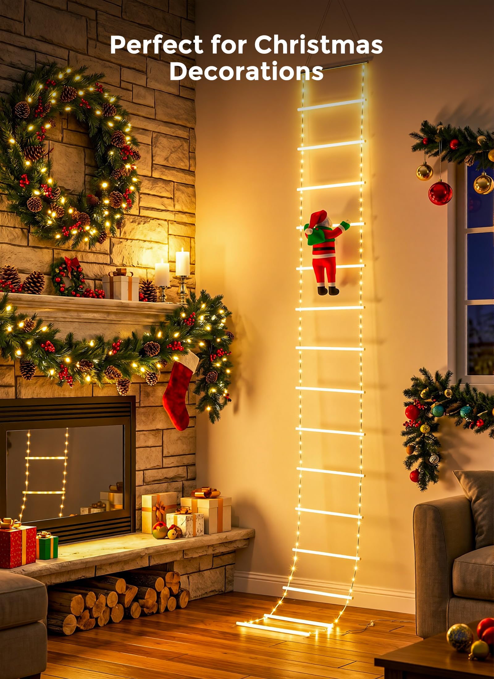 10ft LED Ladder Lights with Climbing Santa, Warm White, Timer & 8 Modes, Waterproof