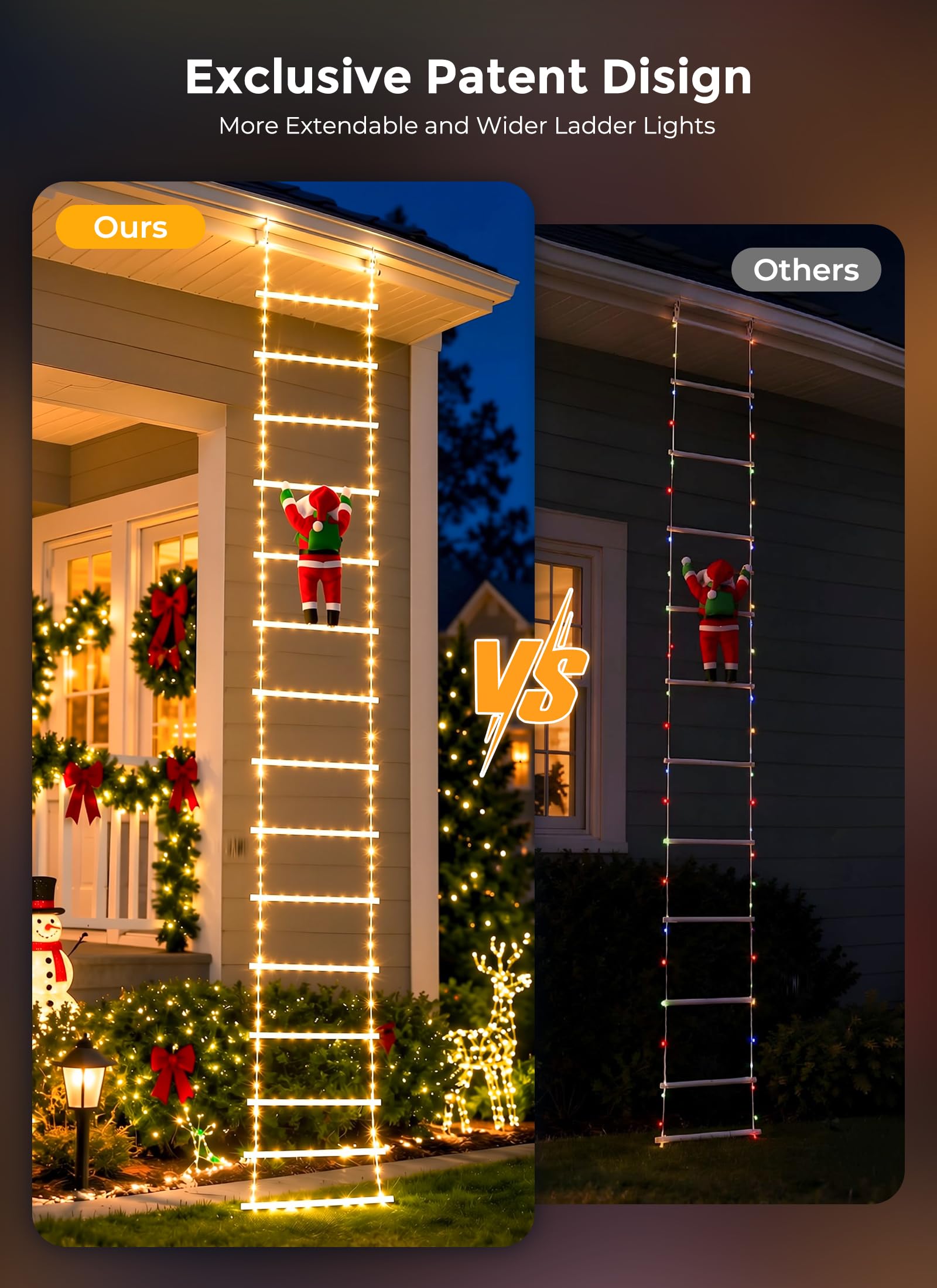 10ft LED Ladder Lights with Climbing Santa, Warm White, Timer & 8 Modes, Waterproof