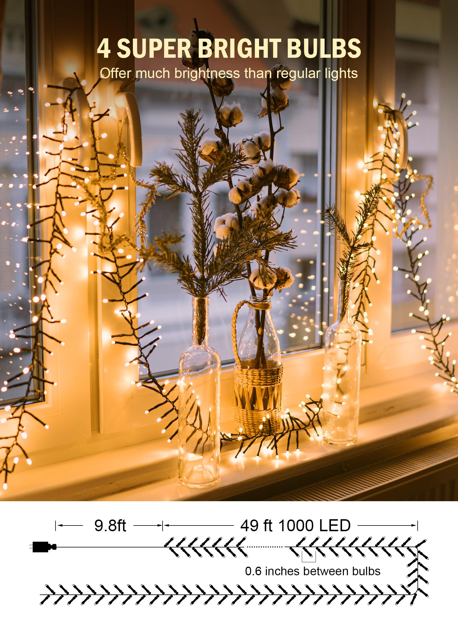 1000 LED 50FT Christmas Firecracker Cluster Lights, 12 Modes Timer Remote