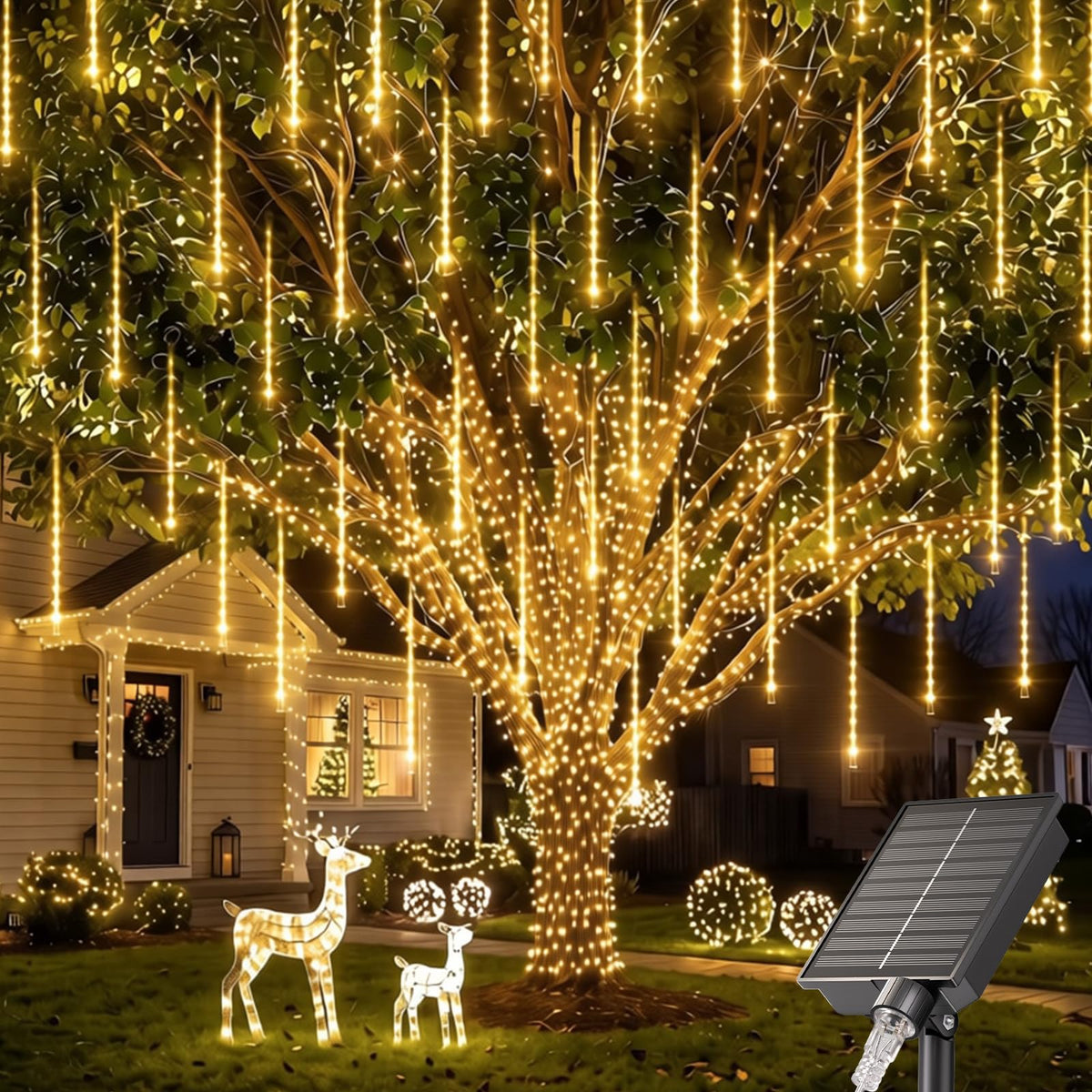 16 Tubes 384 LED Solar Cascading Raindrop Lights Outdoor, Warm White, IP65 Waterproof
