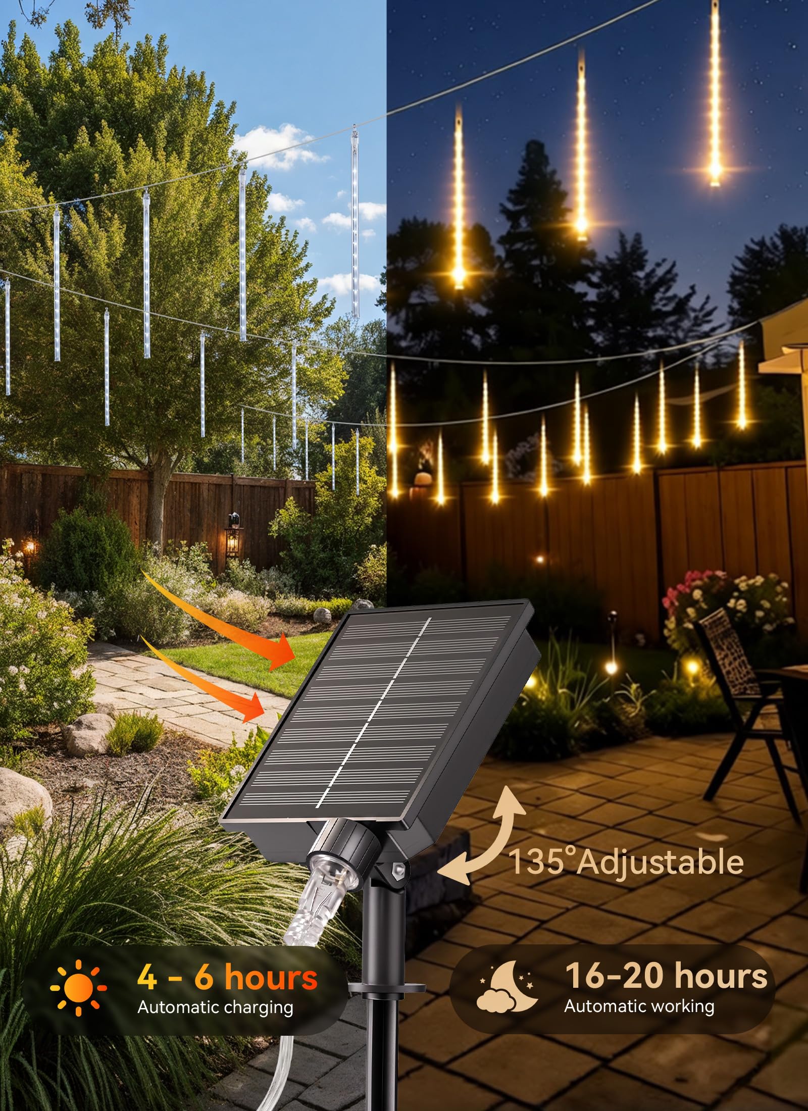 16 Tubes 384 LED Solar Cascading Raindrop Lights Outdoor, Warm White, IP65 Waterproof