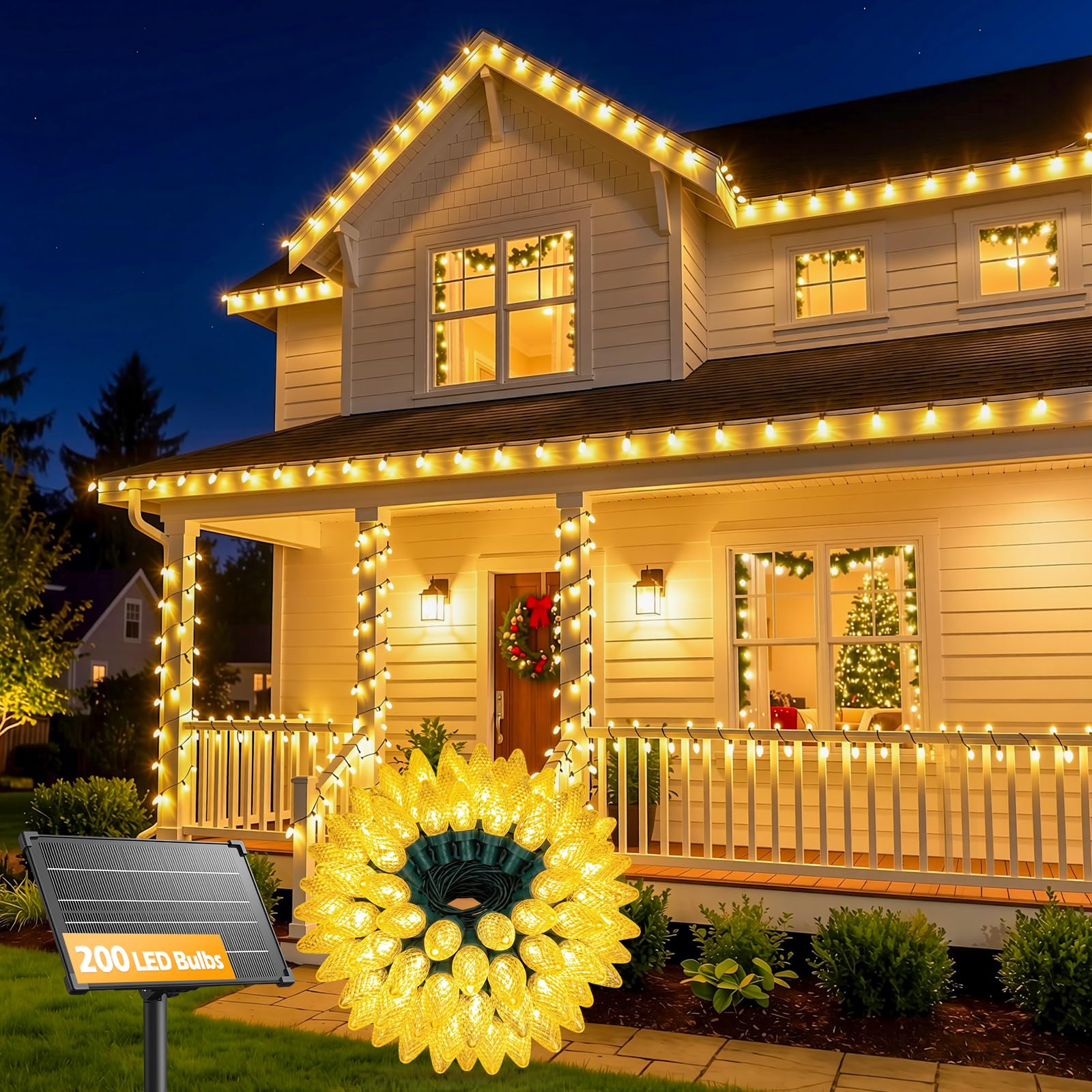 138ft 200 LED C9 Strawberry Solar Christmas String Lights Outdoor, Warm White, Timer & 8 Modes
