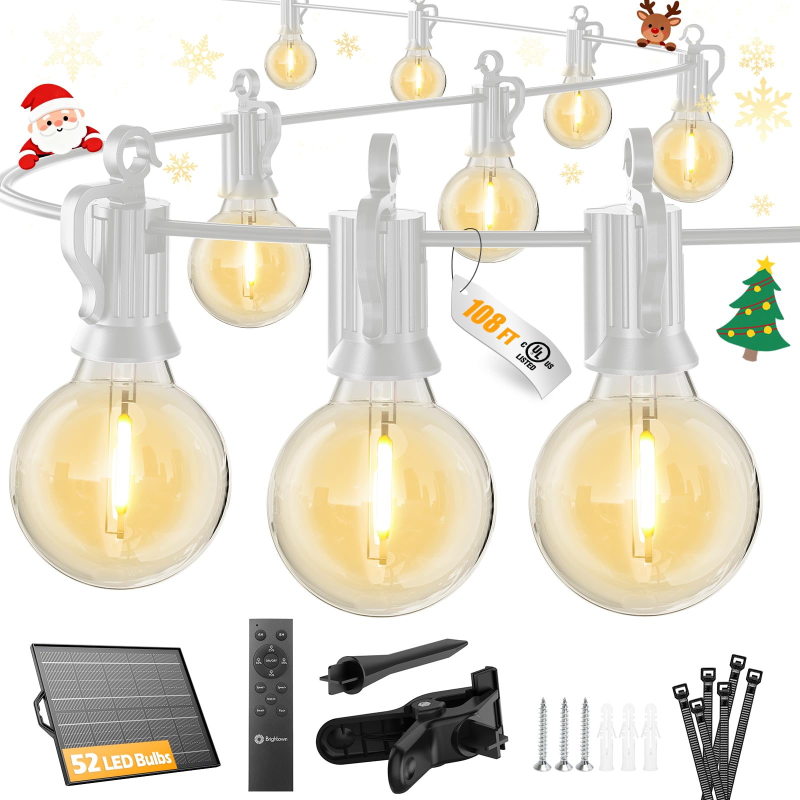 Brightown 108FT 52LED Solar String Lights Outdoor, Remote & USB Port, Shatterproof Bulb