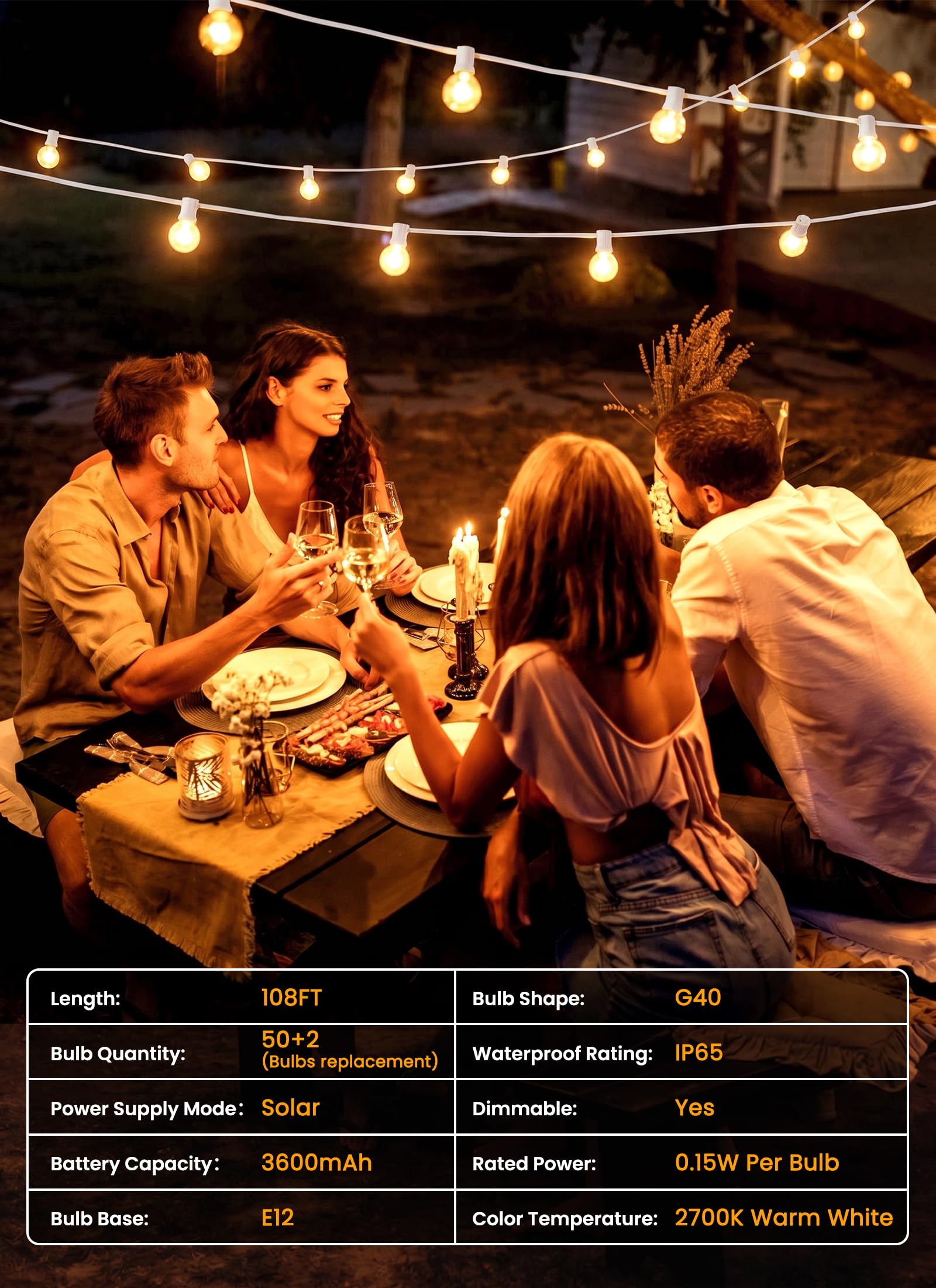 Brightown 108FT 52LED Solar String Lights Outdoor, Remote & USB Port, Shatterproof Bulb