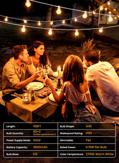 Brightown 108FT 52LED Solar String Lights Outdoor, Remote & USB Port, Shatterproof Bulb